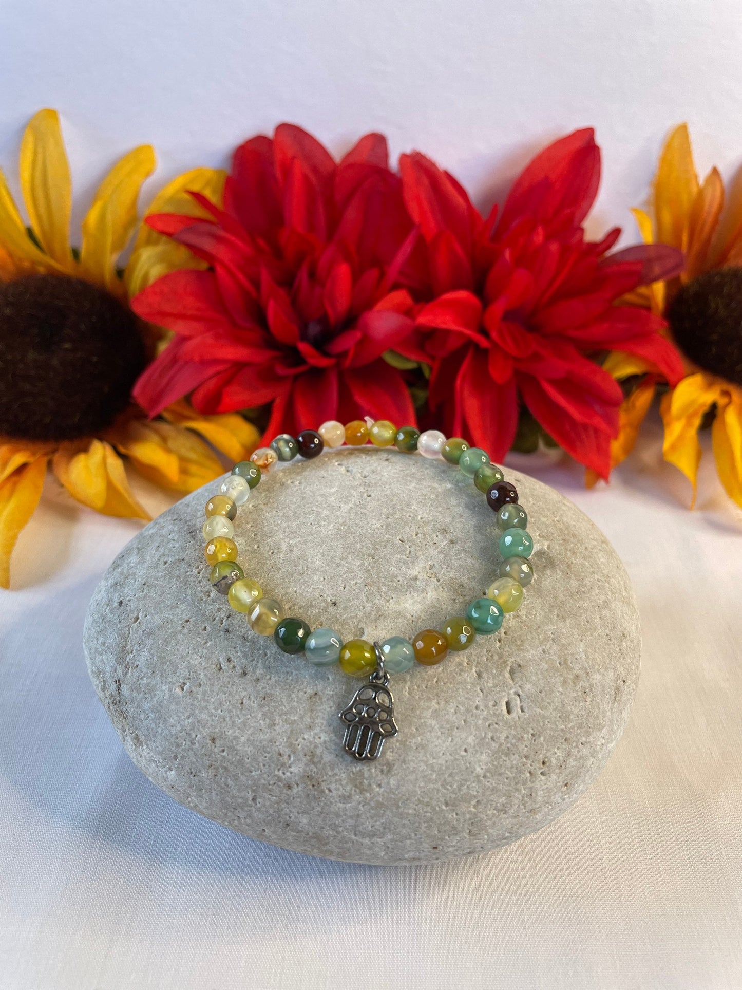 Agate, Color Stones w/Hamsa Hand  Healing Bracelet.