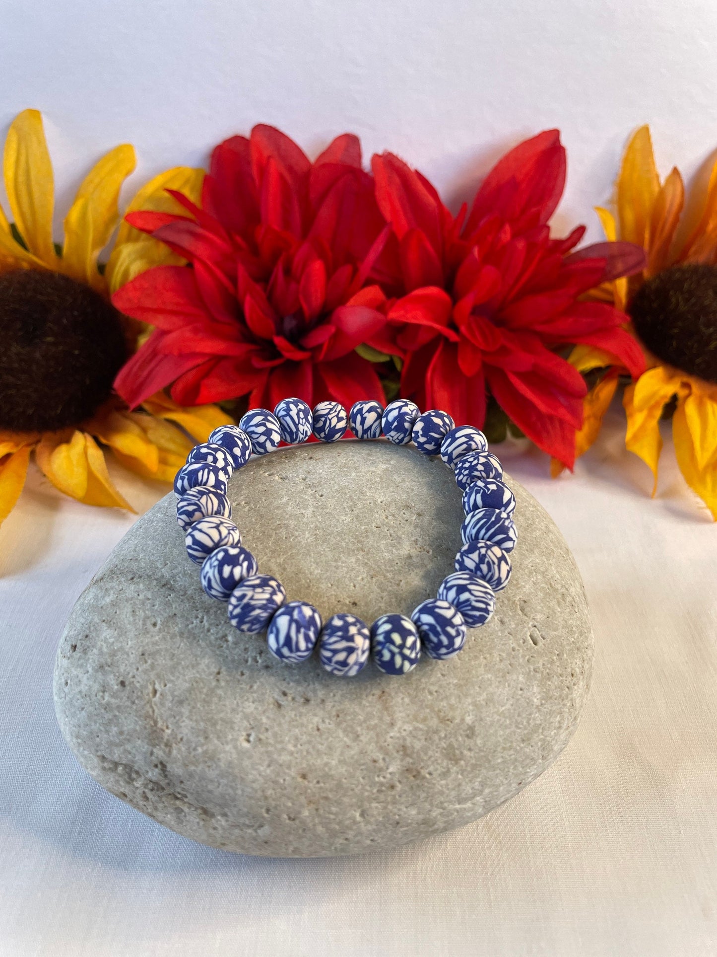 Clay, Blue & White Camouflage Rondelle, Healing Bracelet.