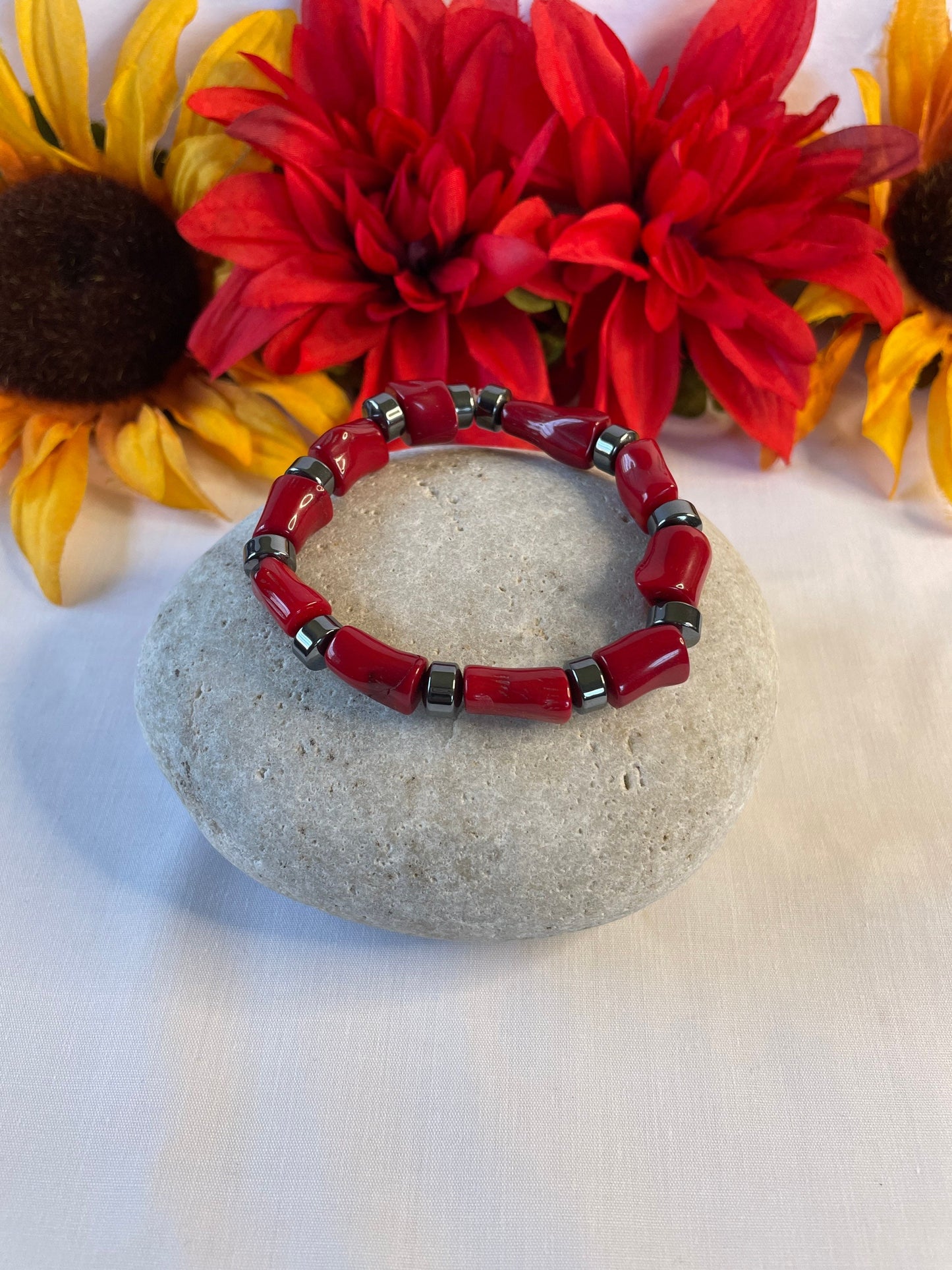 Red Bamboo Coral w/Hematite, Healing Bracelet.