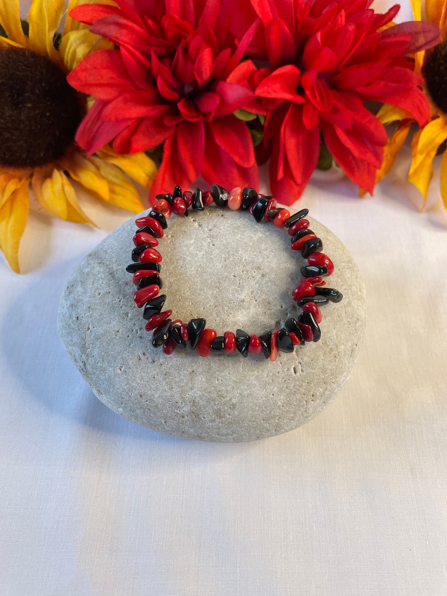 Red Bamboo Coral w/Obsidian, Healing Bracelet.