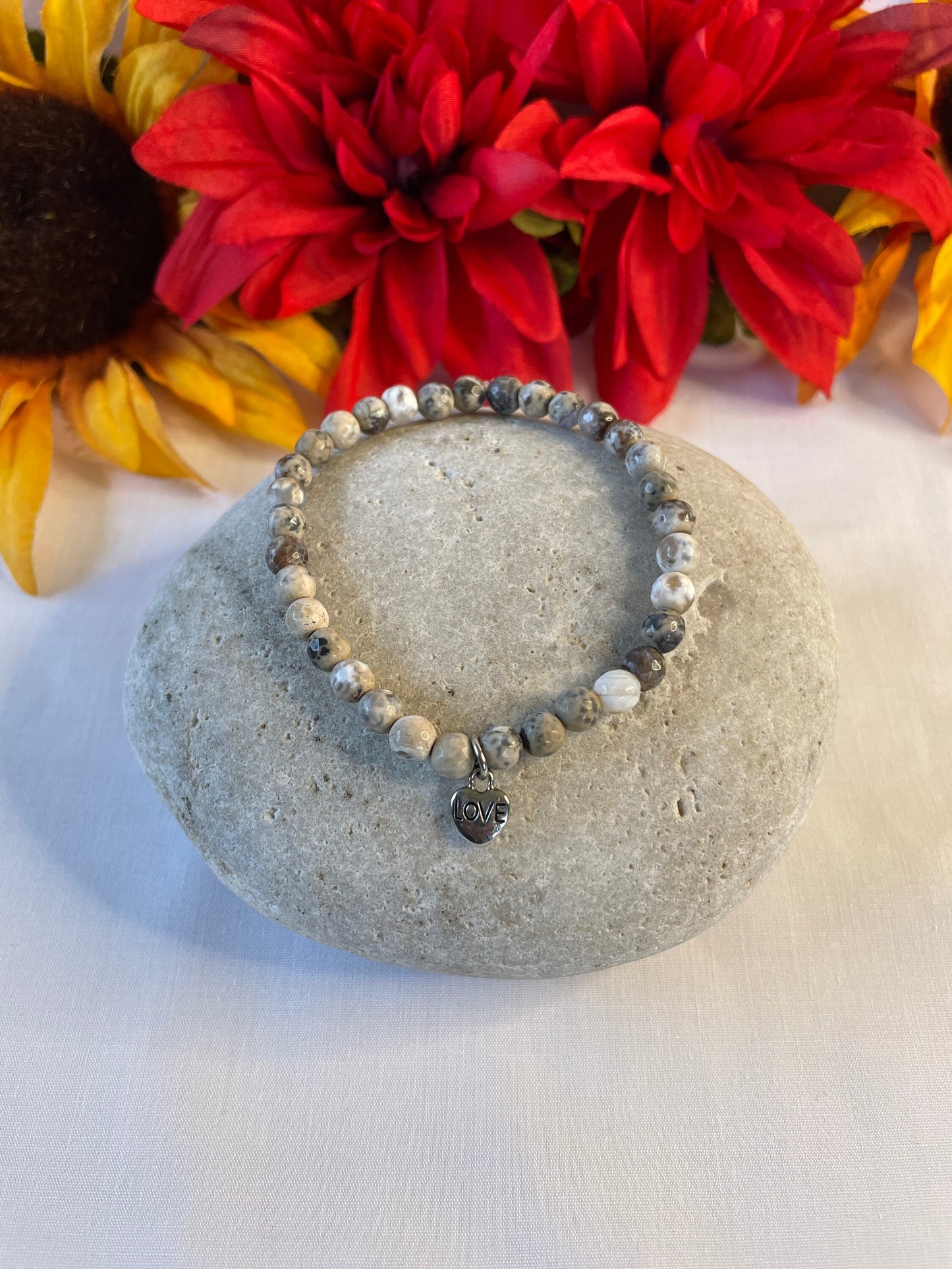 Agate, Beige & Grey Stones w/Heart Healing Bracelet.