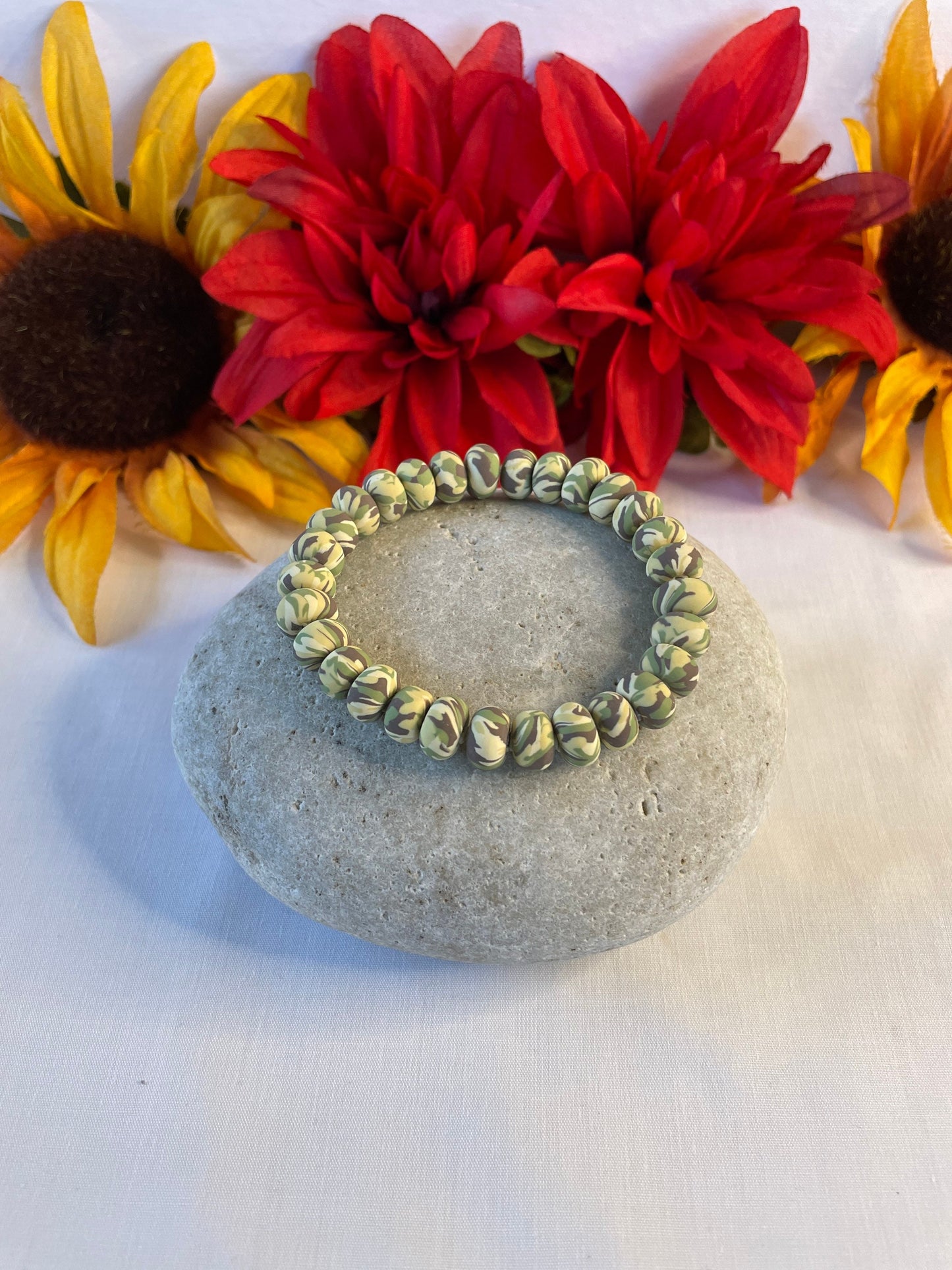 Clay, Light Green Camouflage Rondelle, Healing Bracelet.