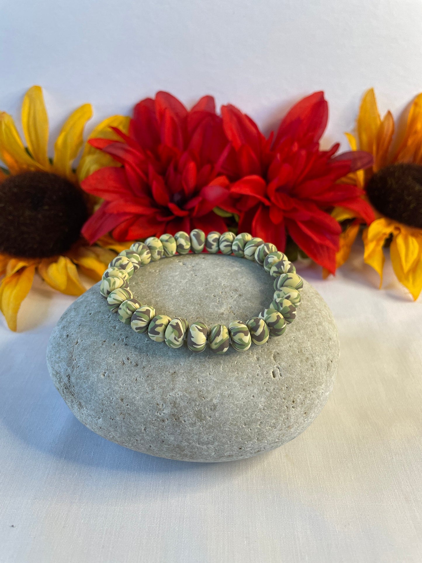 Clay, Light Green Camouflage Rondelle, Healing Bracelet.