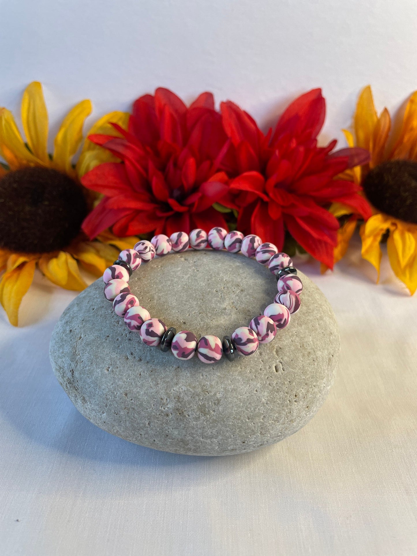 Clay, Pink Camouflage w/Hematite Stones Healing Bracelet.