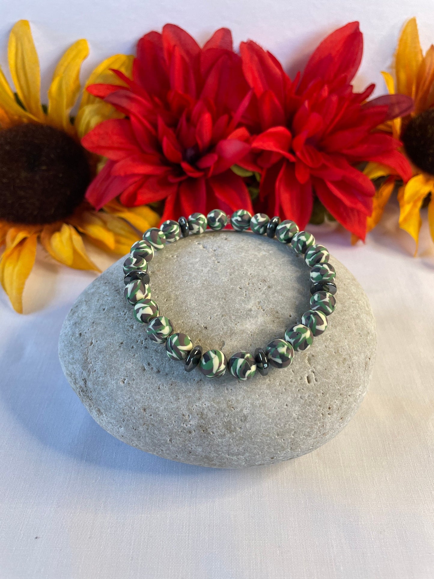 Clay, Green Camouflage w/Hematite Stones, Healing Bracelet.