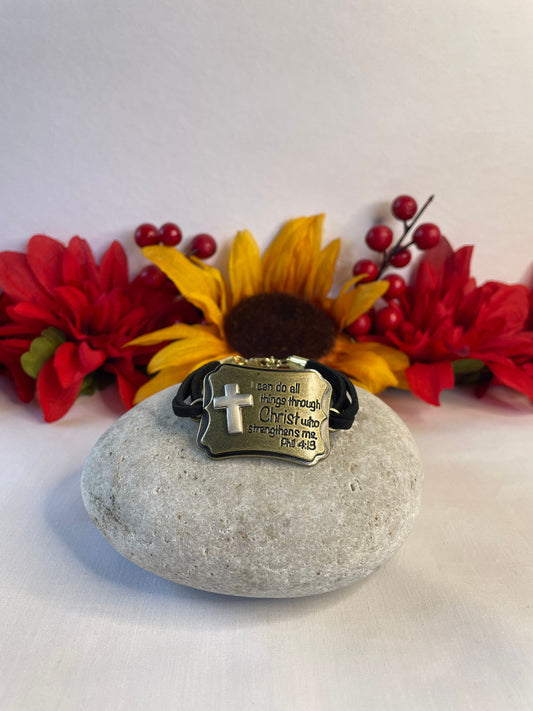 I Can Do All Things Through Christ Who Strengthens Me Black Suede Metal Bracelet.