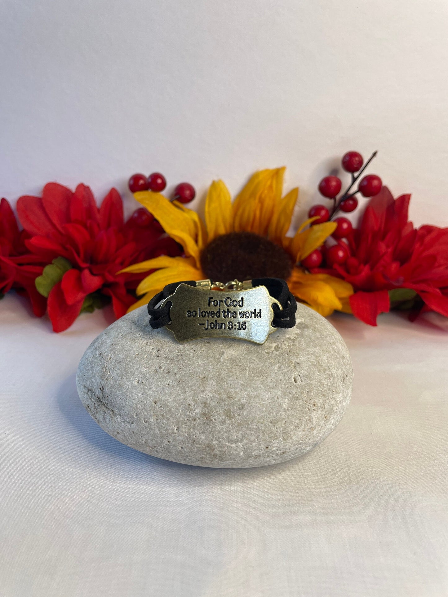 For God So Loved The World, Black Suede Metal Inspirational Bracelet.