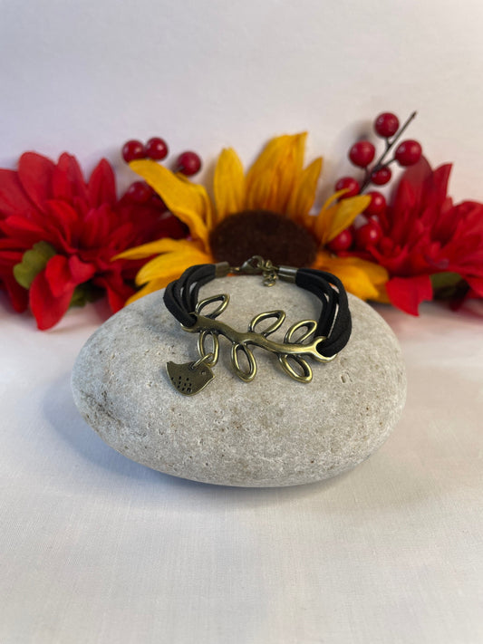 Branch w/ Singing Bird, Black Suede Metal Inspirational  Bracelet.