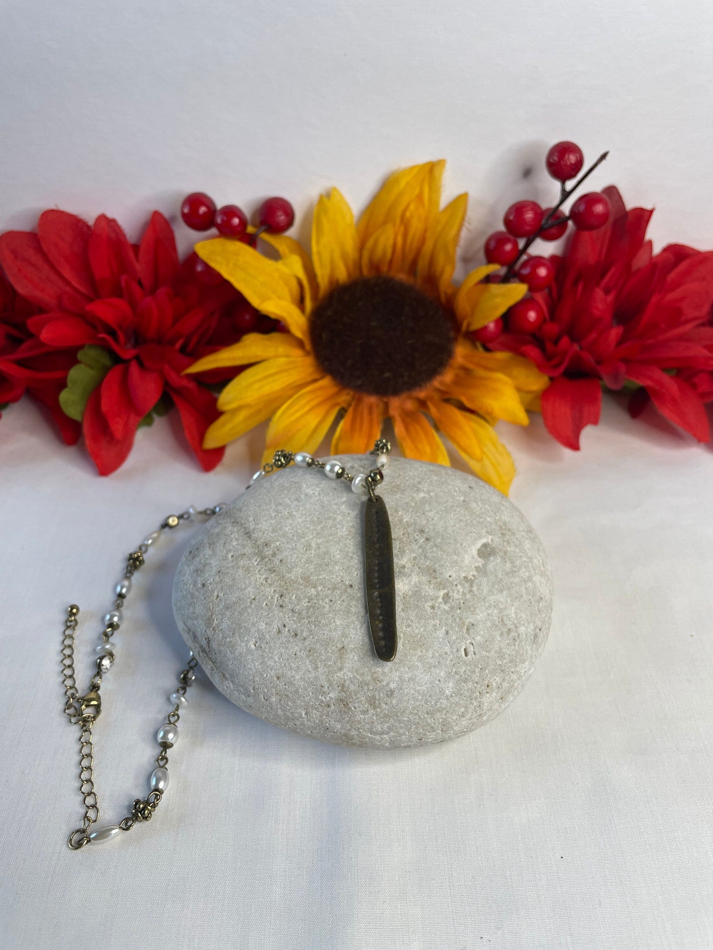 Leaf w/Clear Stones & White Beads, Antique Metal Necklace.