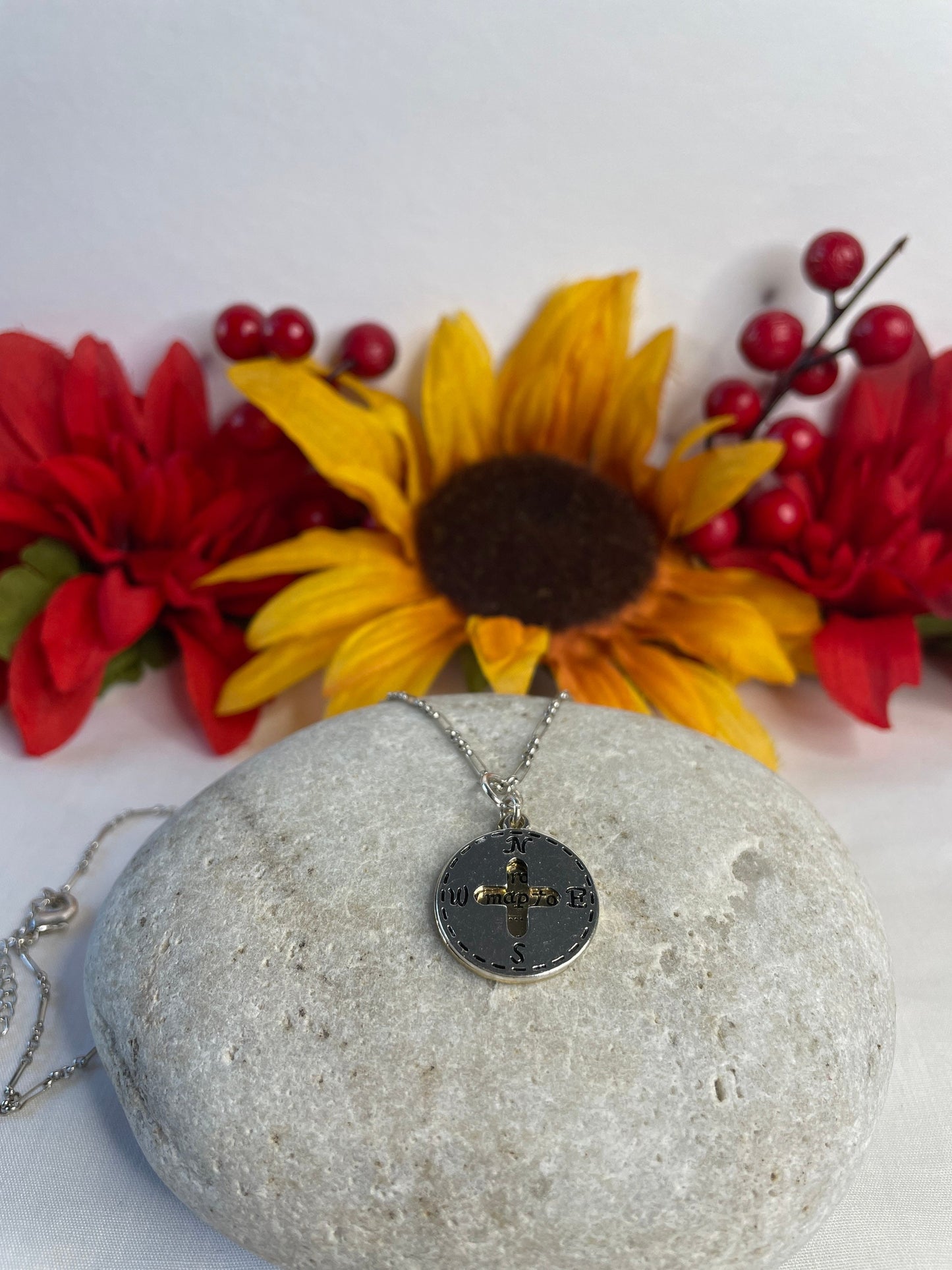 Compass, Silver & Gold Metal Necklace.