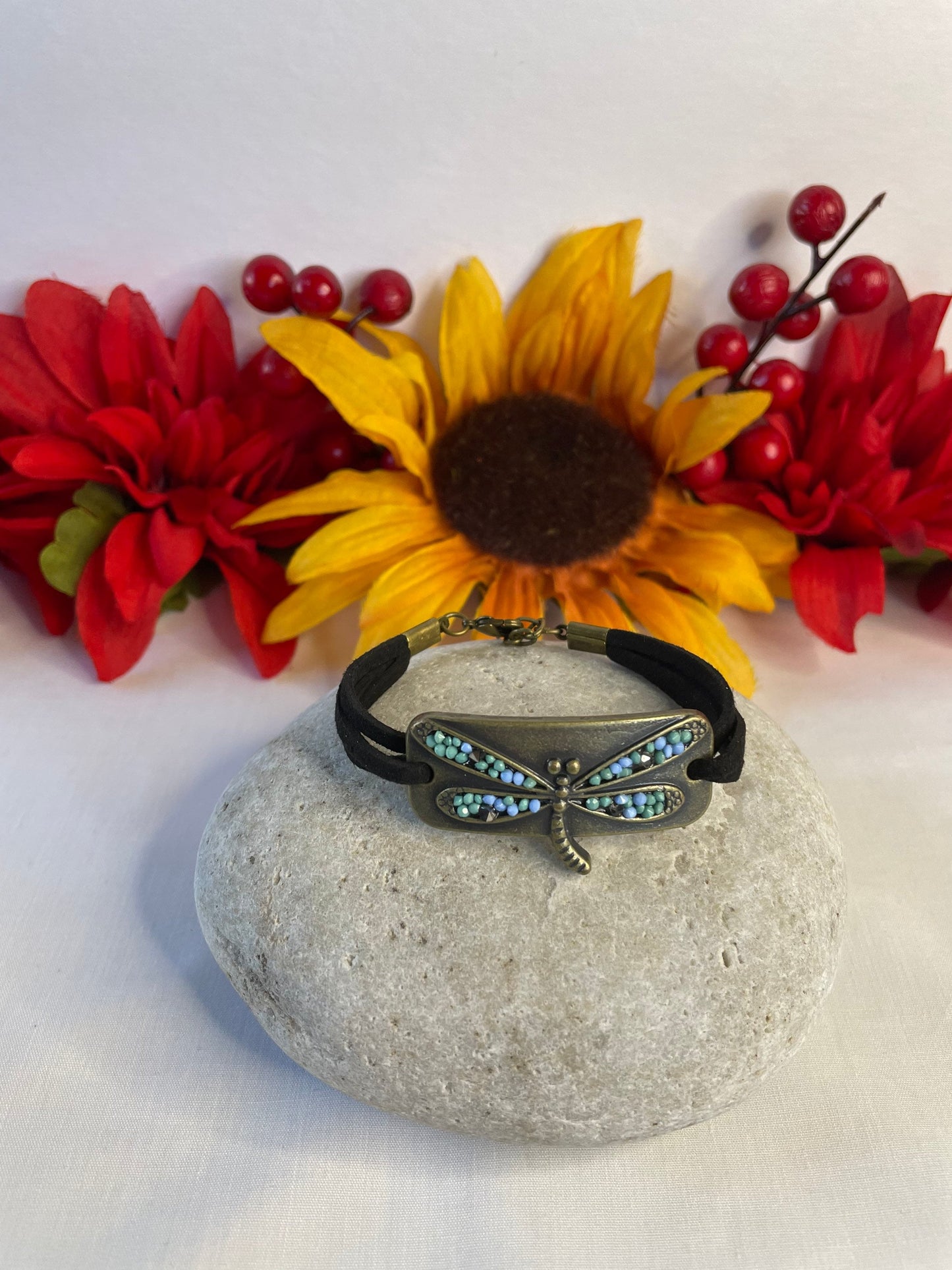 Dragonfly, Black Suede Metal Inspirational Bracelet.