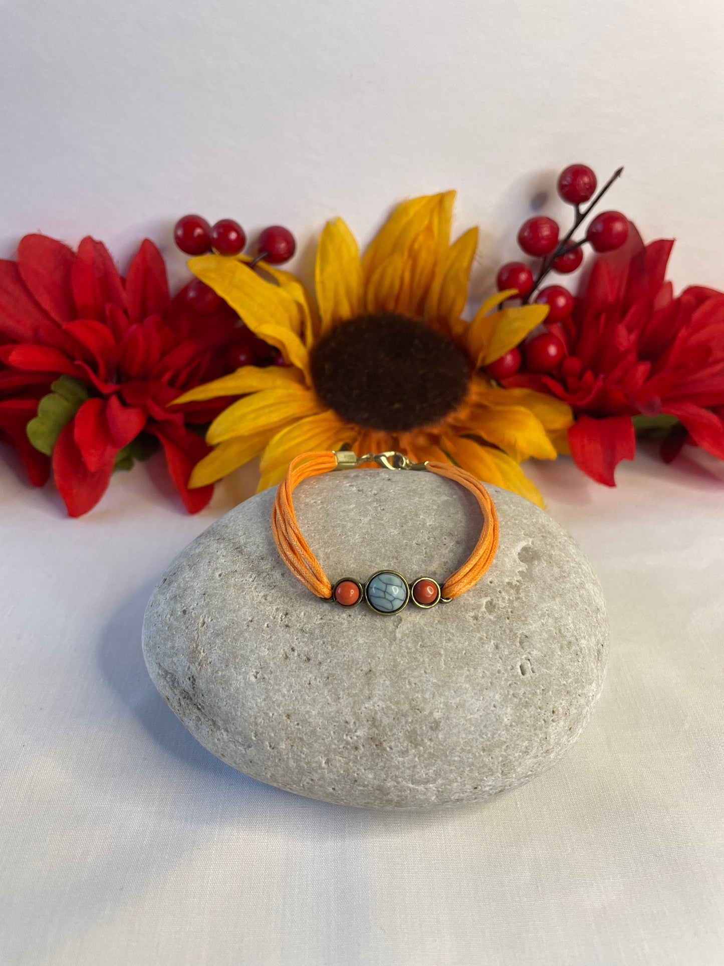 Triple Cabochon, Orange Hemp, Metal Inspirational Quoted Bracelet.