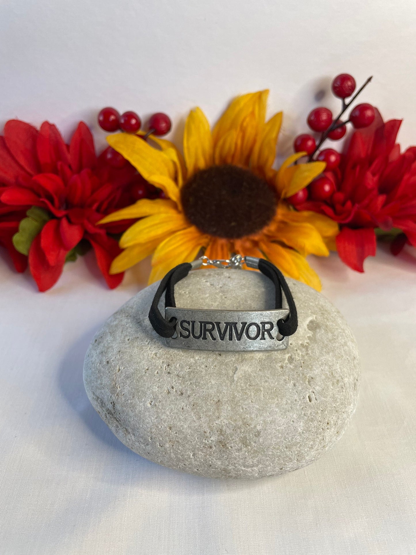 Survivor, Blk Suede Metal Inspirational Quoted Bracelet.