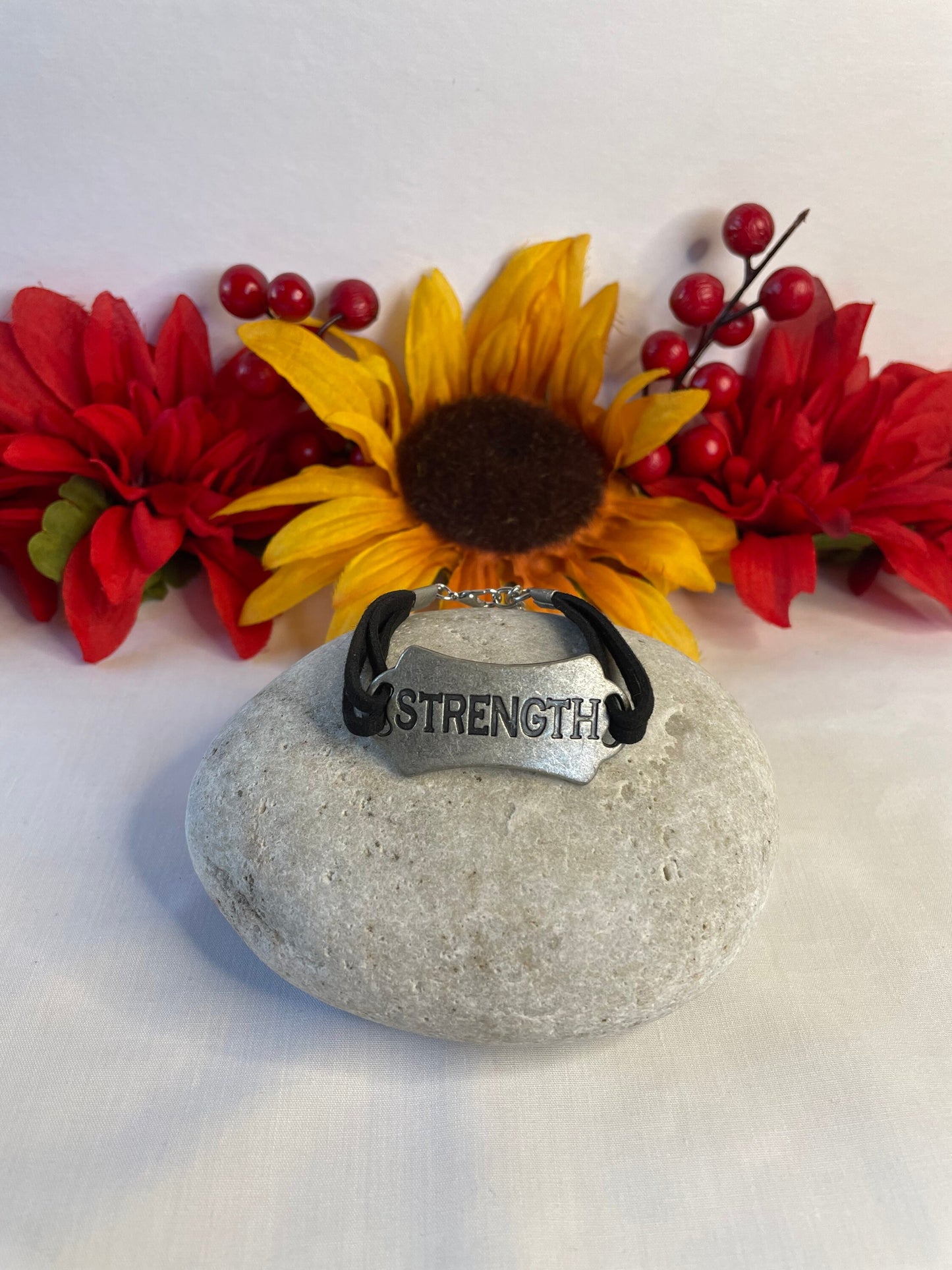 Strength, Black Suede Corded Metal Inspirational Quote Bracelet.