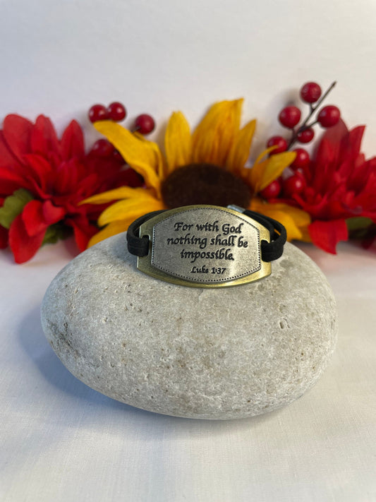 For With God Nothing Shall Be Impossible, Black Suede Metal Inspirational Bracelet.