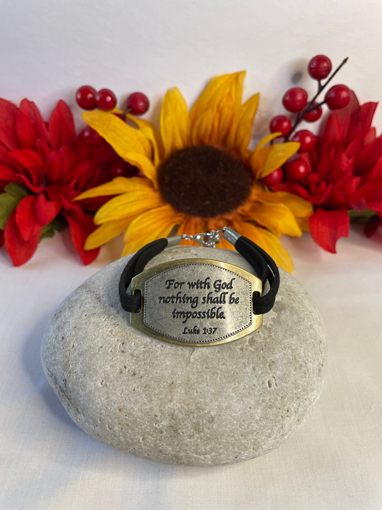 For With God Nothing Shall Be Impossible, Black Suede Metal Inspirational Bracelet.