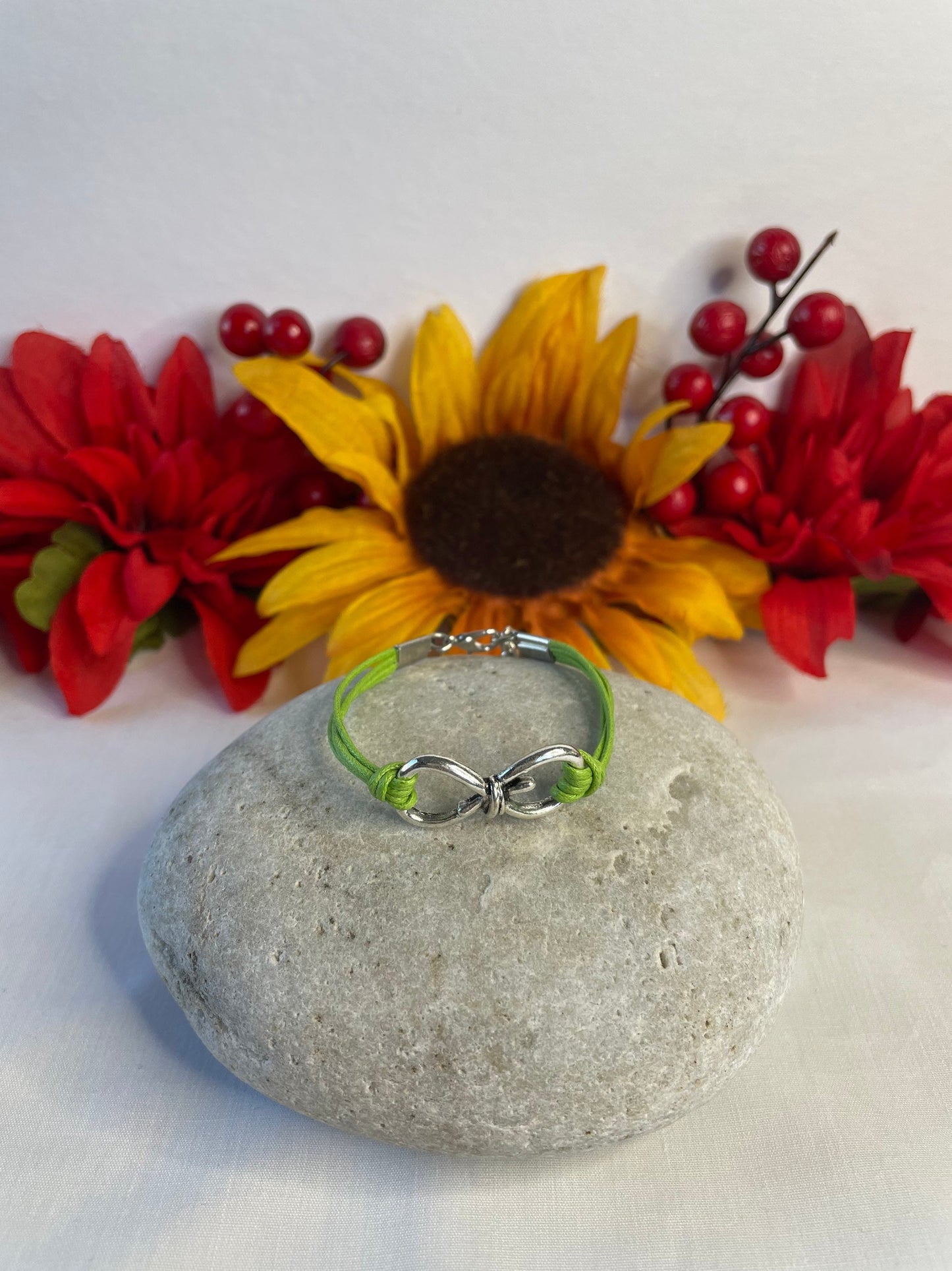 Knotted, Silver Metal Lime Green Hemp Inspirational Quoted Bracelet.