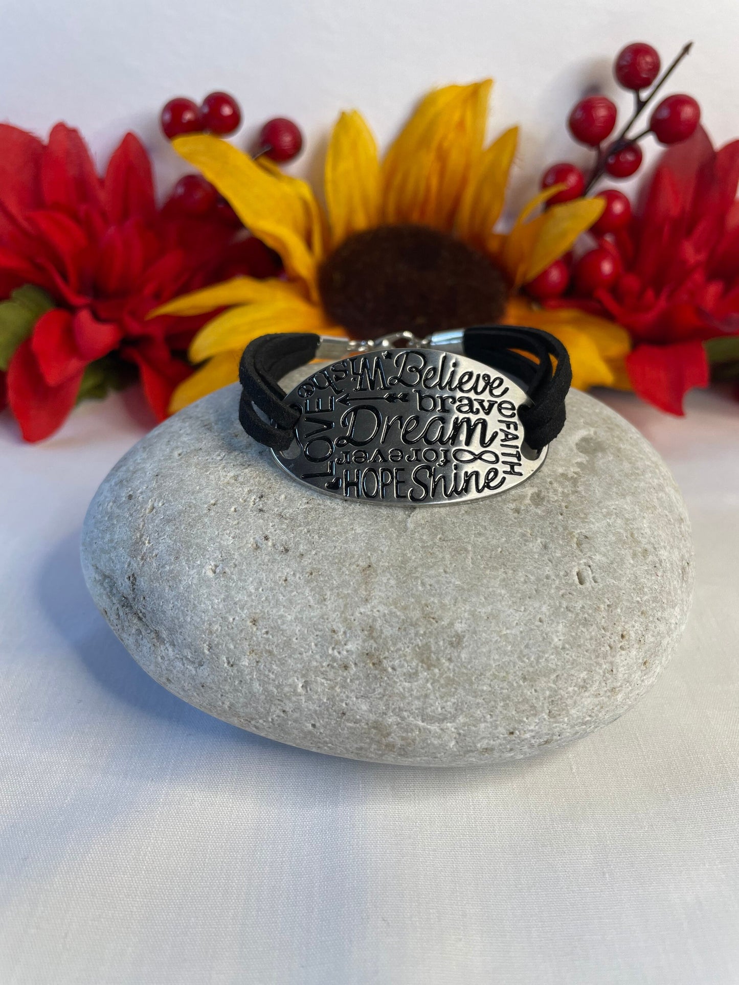 Inspired Words, Black Suede Metal Inspirational Quoted Bracelet.