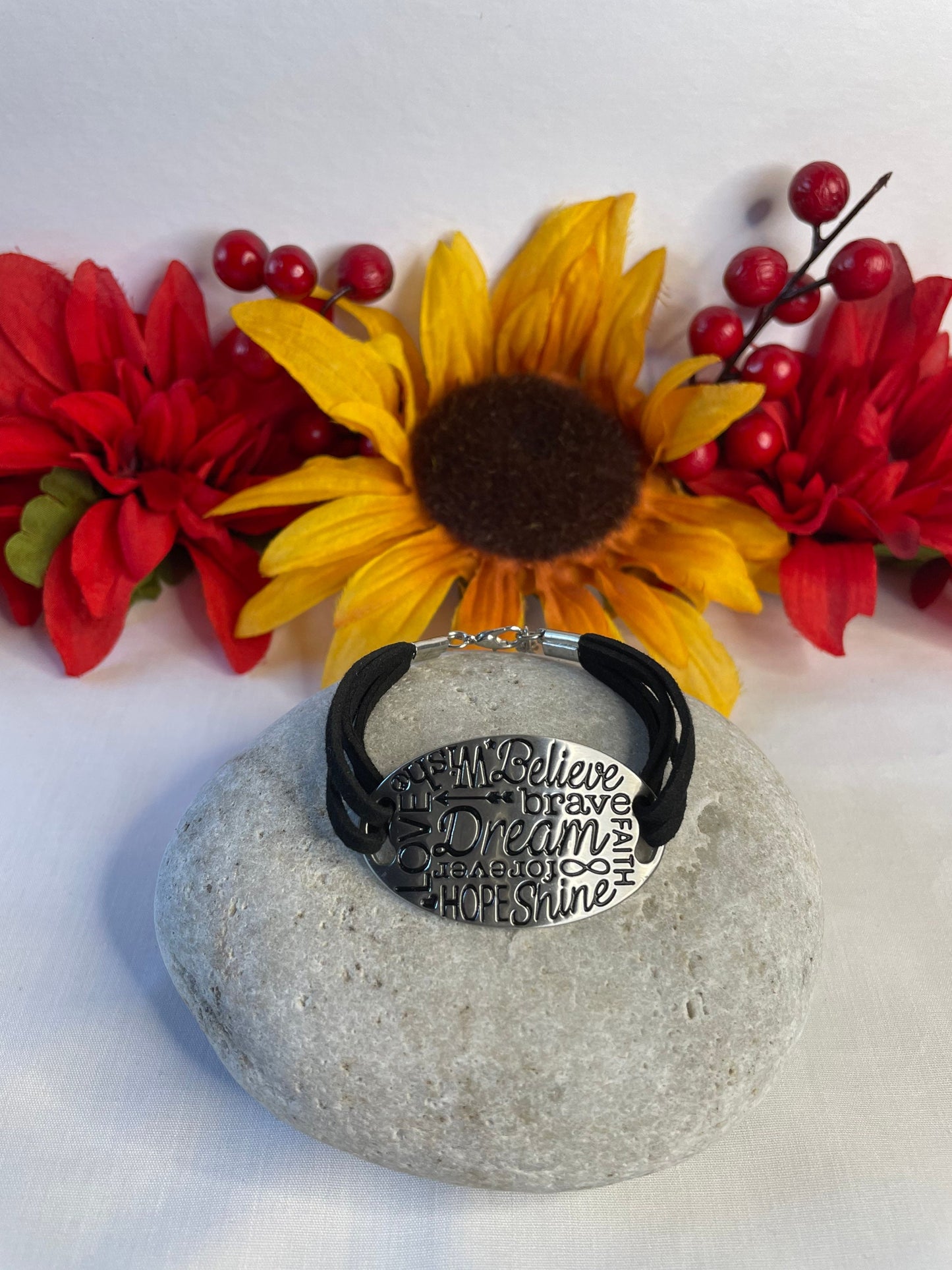 Inspired Words, Black Suede Metal Inspirational Quoted Bracelet.