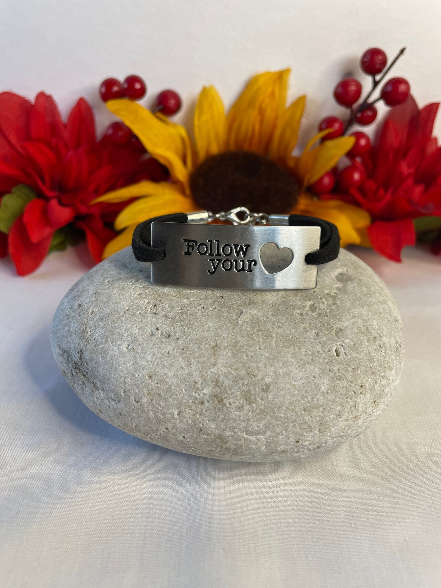 Follow Your Heart, Blk Suede Metal Inspirational Quoted Bracelet.