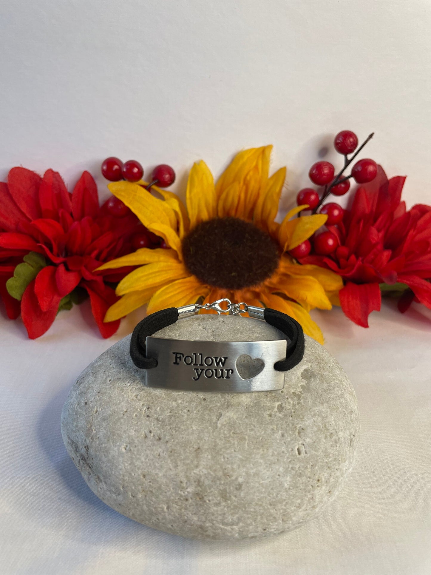 Follow Your Heart, Blk Suede Metal Inspirational Quoted Bracelet.