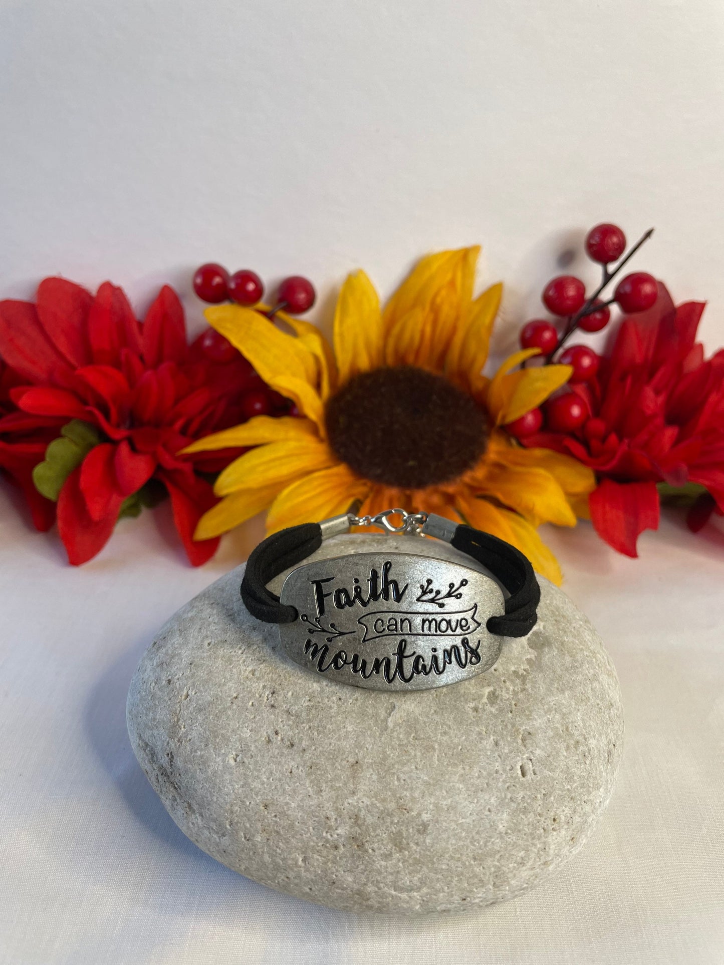 Faith Can Move Mountains, Black Suede Metal Inspirational Bracelet.