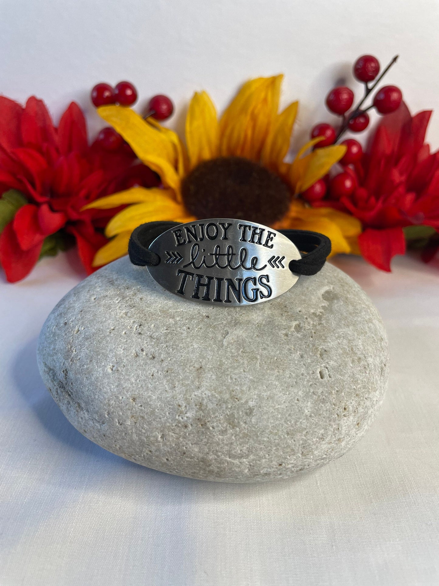 Enjoy The Little Things, Black Suede Metal Inspirational Bracelet.