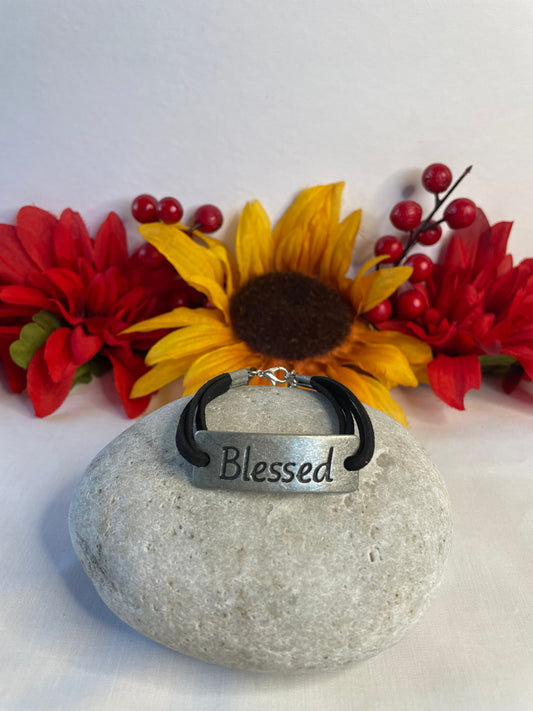 Blessed Bracelet, Black Suede Metal Inspirational Bracelet.