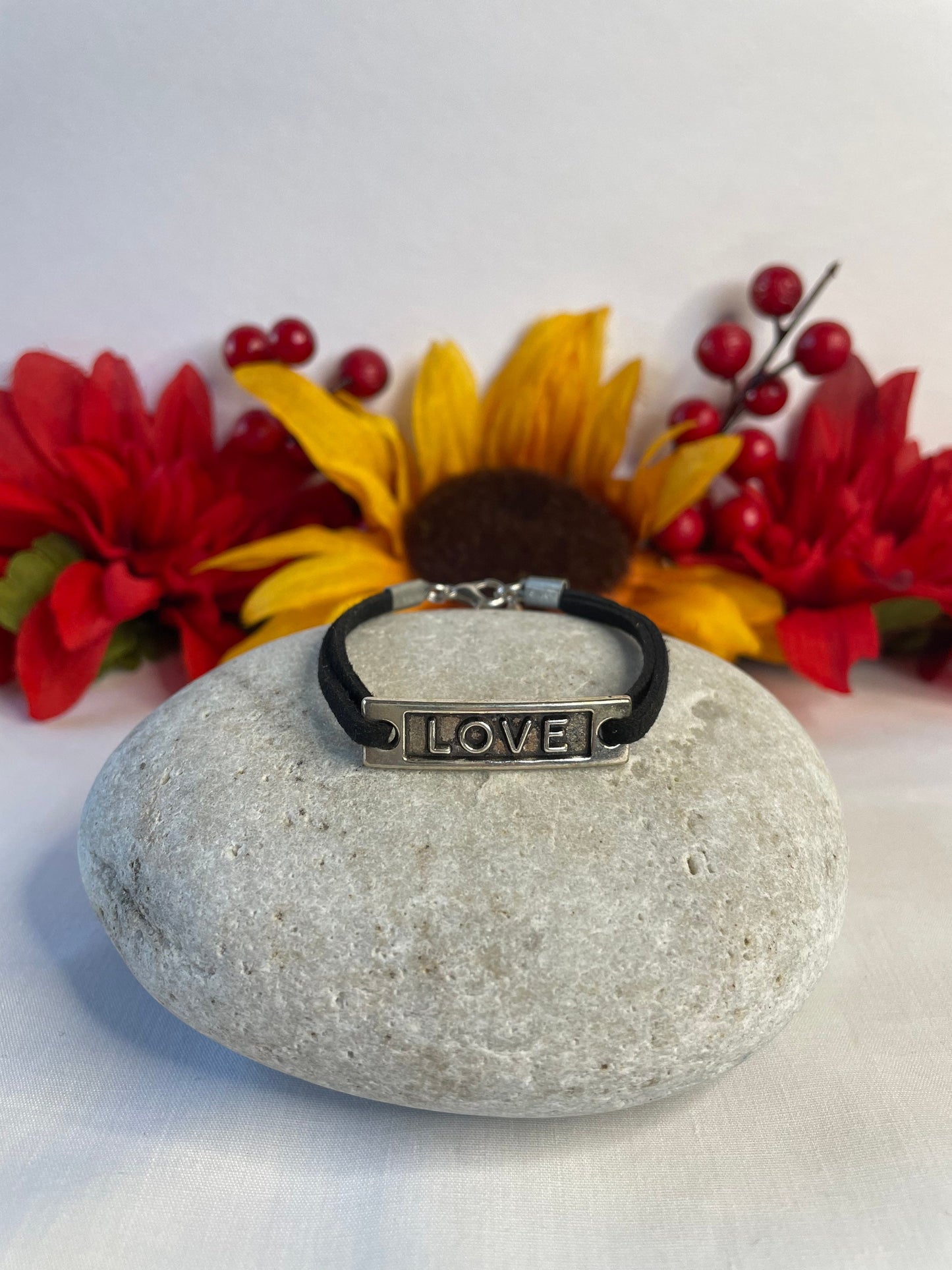 Love, Black Suede Corded Metal Inspirational Quoted Bracelet.