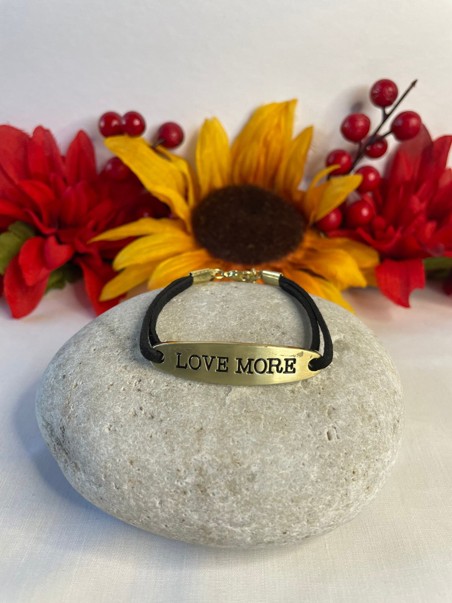 Love More, Black Suede Corded Metal Inspirational Quote Bracelet.