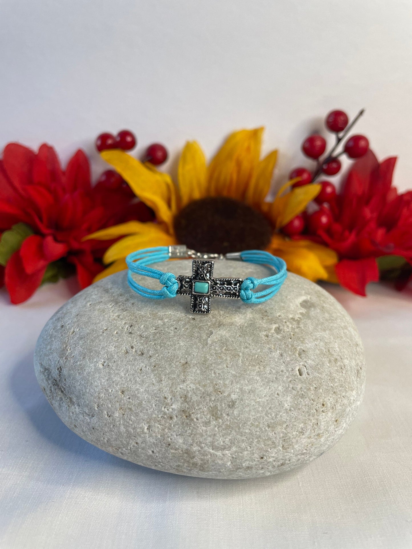 Cross, Turquoise Hemp w/Turq Stone, Silver Metal Inspirational Bracelet.