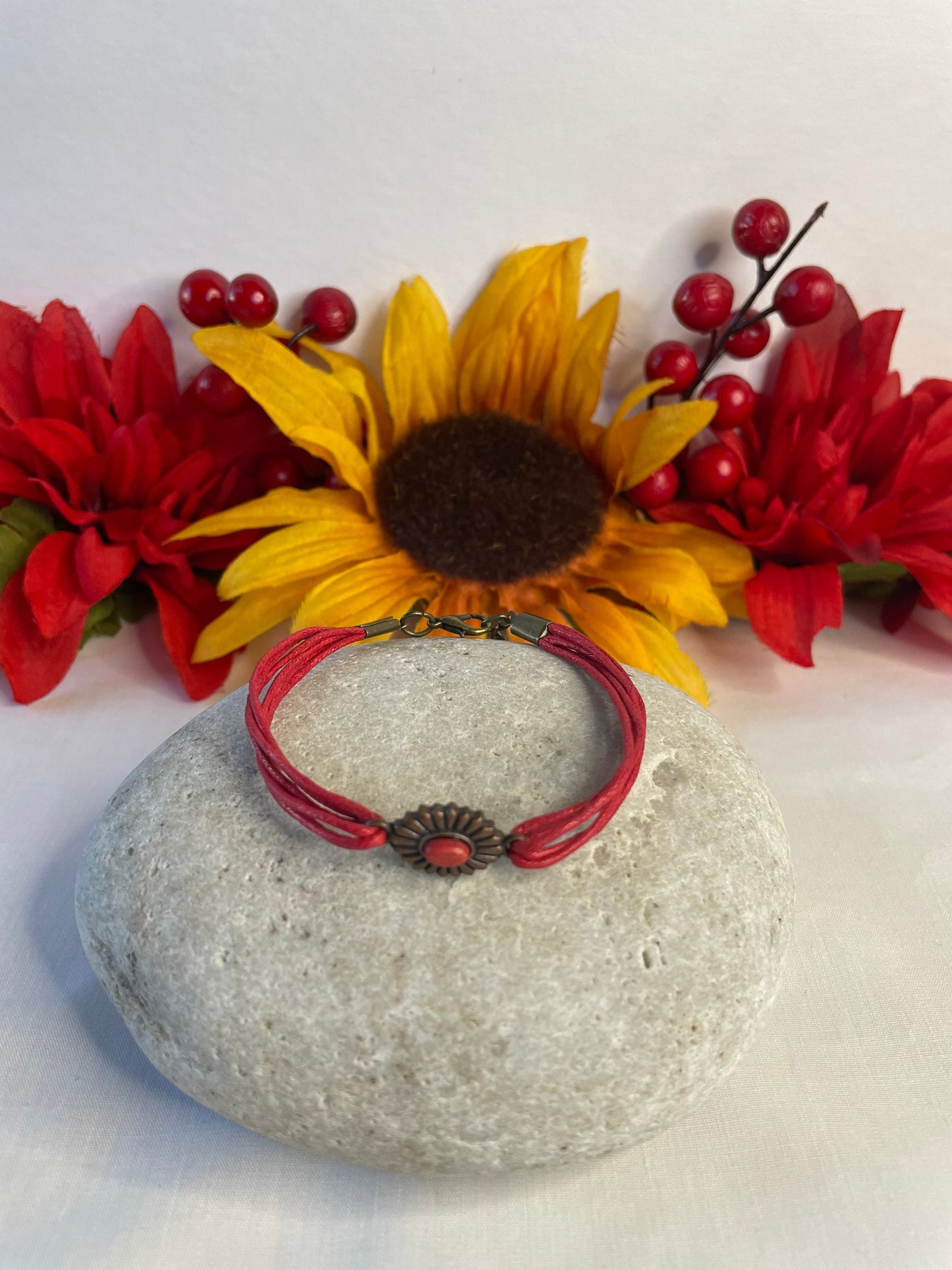 Single Cabochon Red Stone, Red Hemp Inspirational Quoted Bracelet.