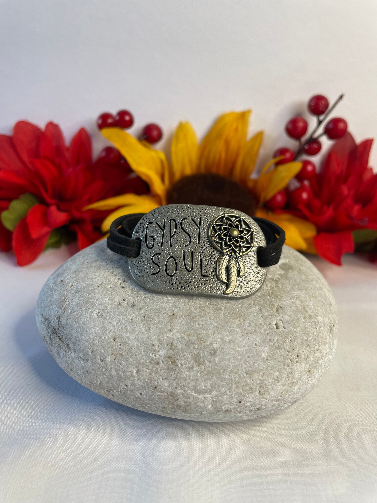 Gypsy Soul, Black Suede Metal Inspirational Quoted Bracelet.