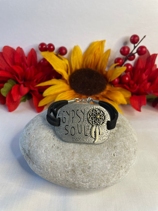 Gypsy Soul, Black Suede Metal Inspirational Quoted Bracelet.