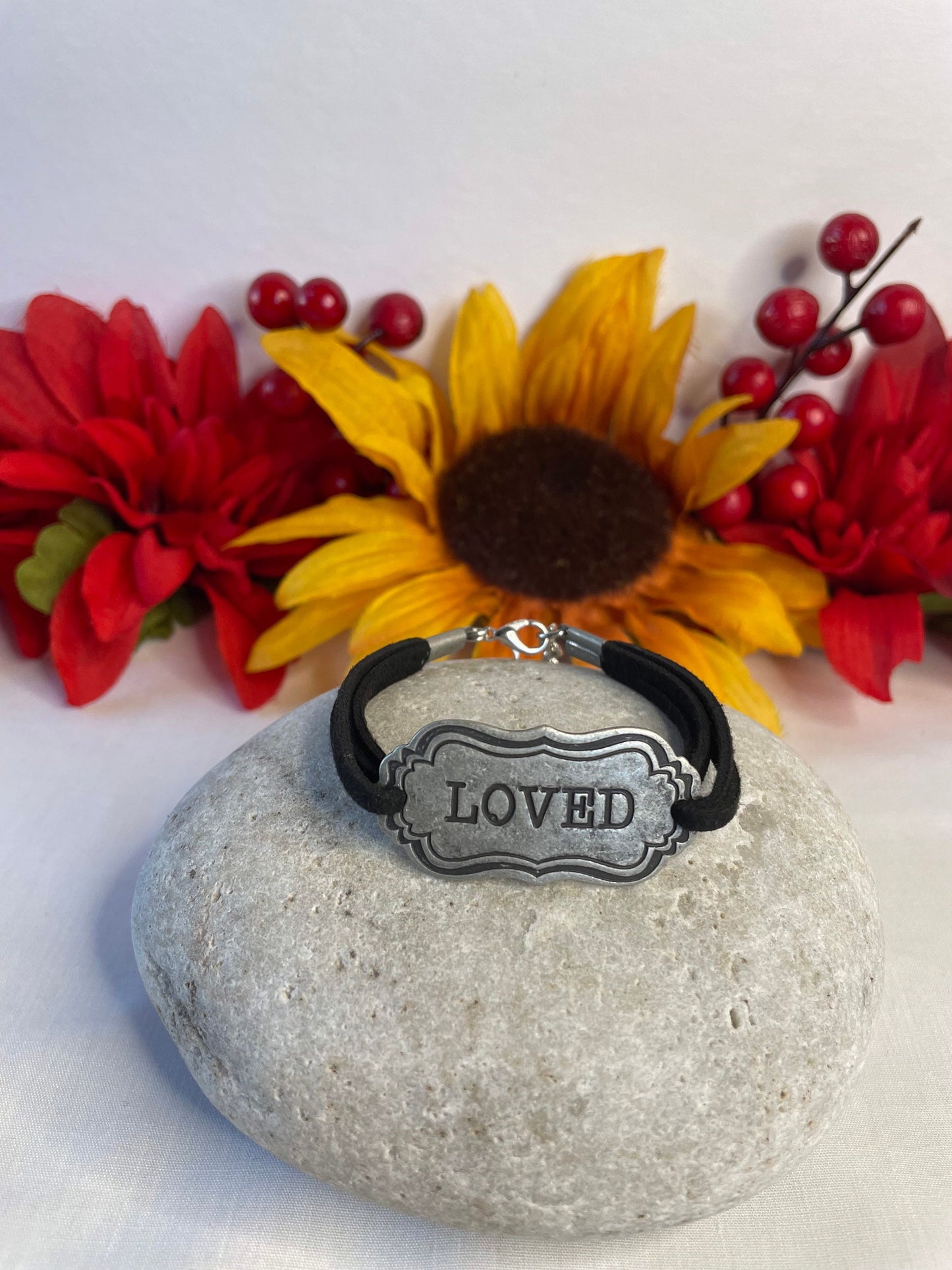 Loved, Black Suede Inspirational Quoted Bracelet.