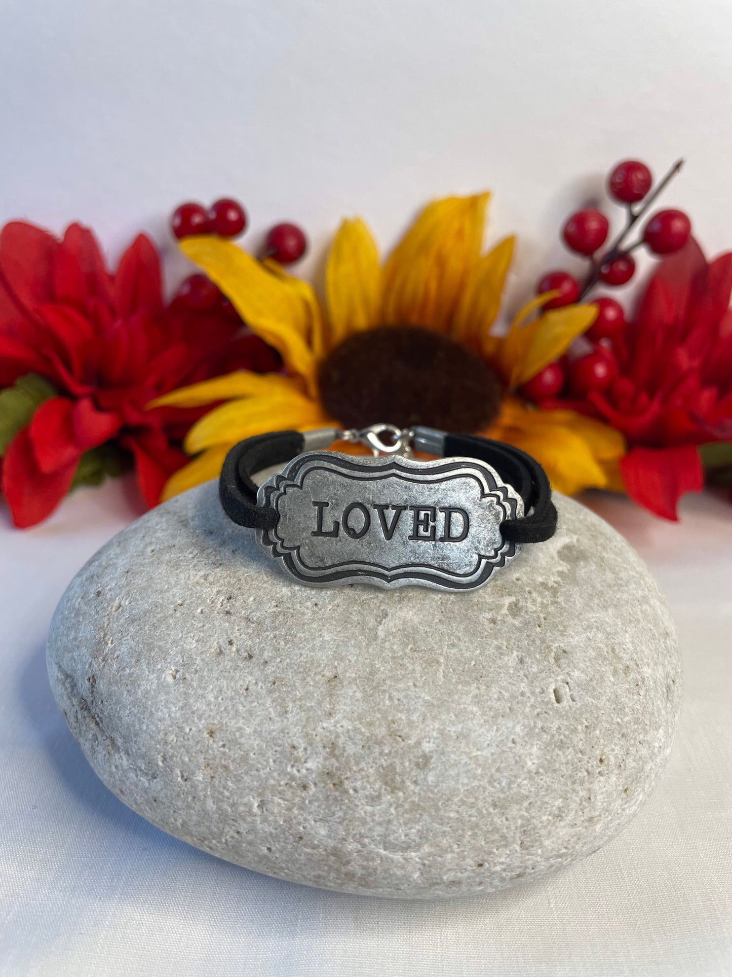 Loved, Black Suede Inspirational Quoted Bracelet.