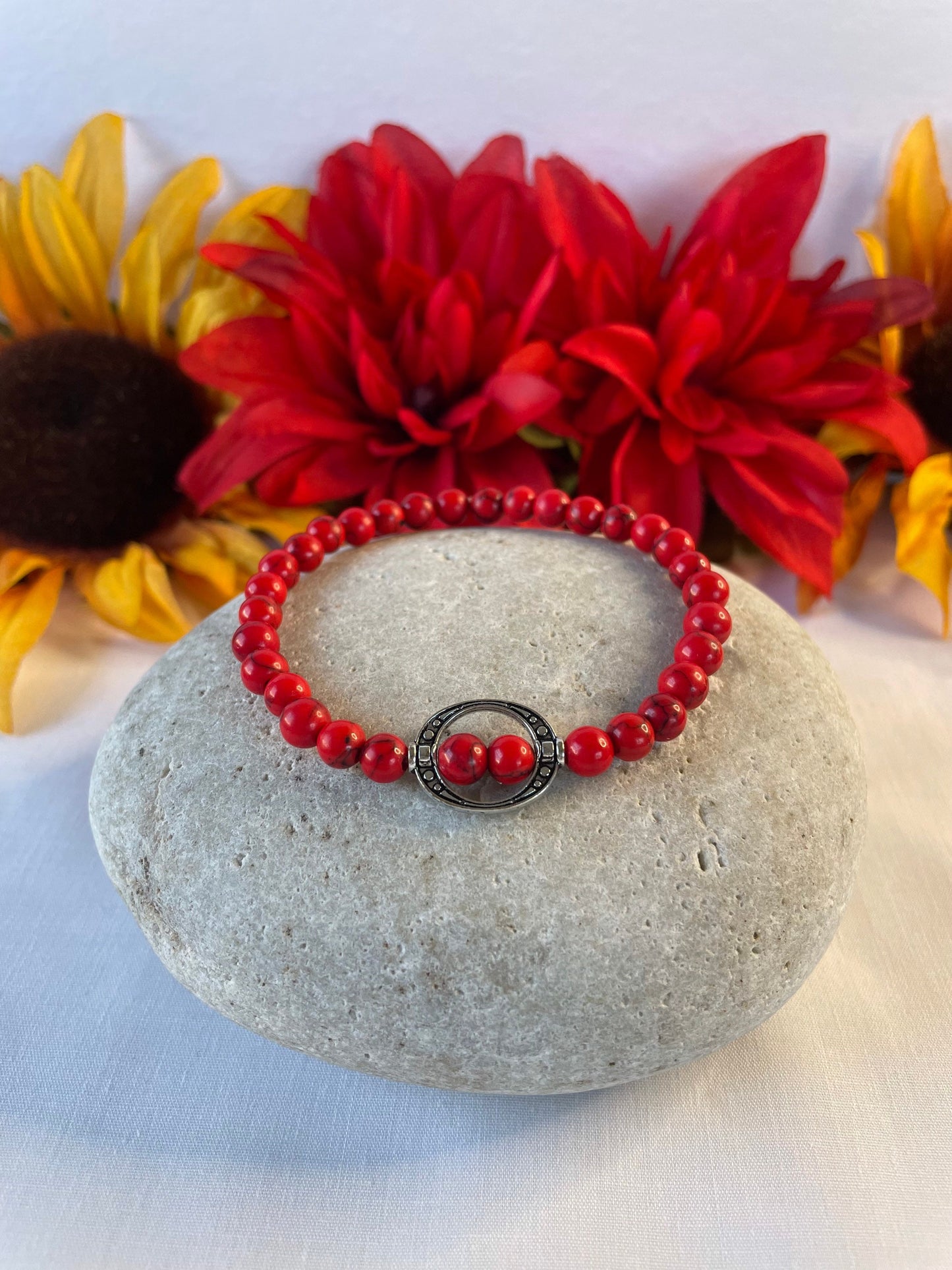 Red Bamboo Coral Stones w/Silver Spacer, Healing Bracelet.