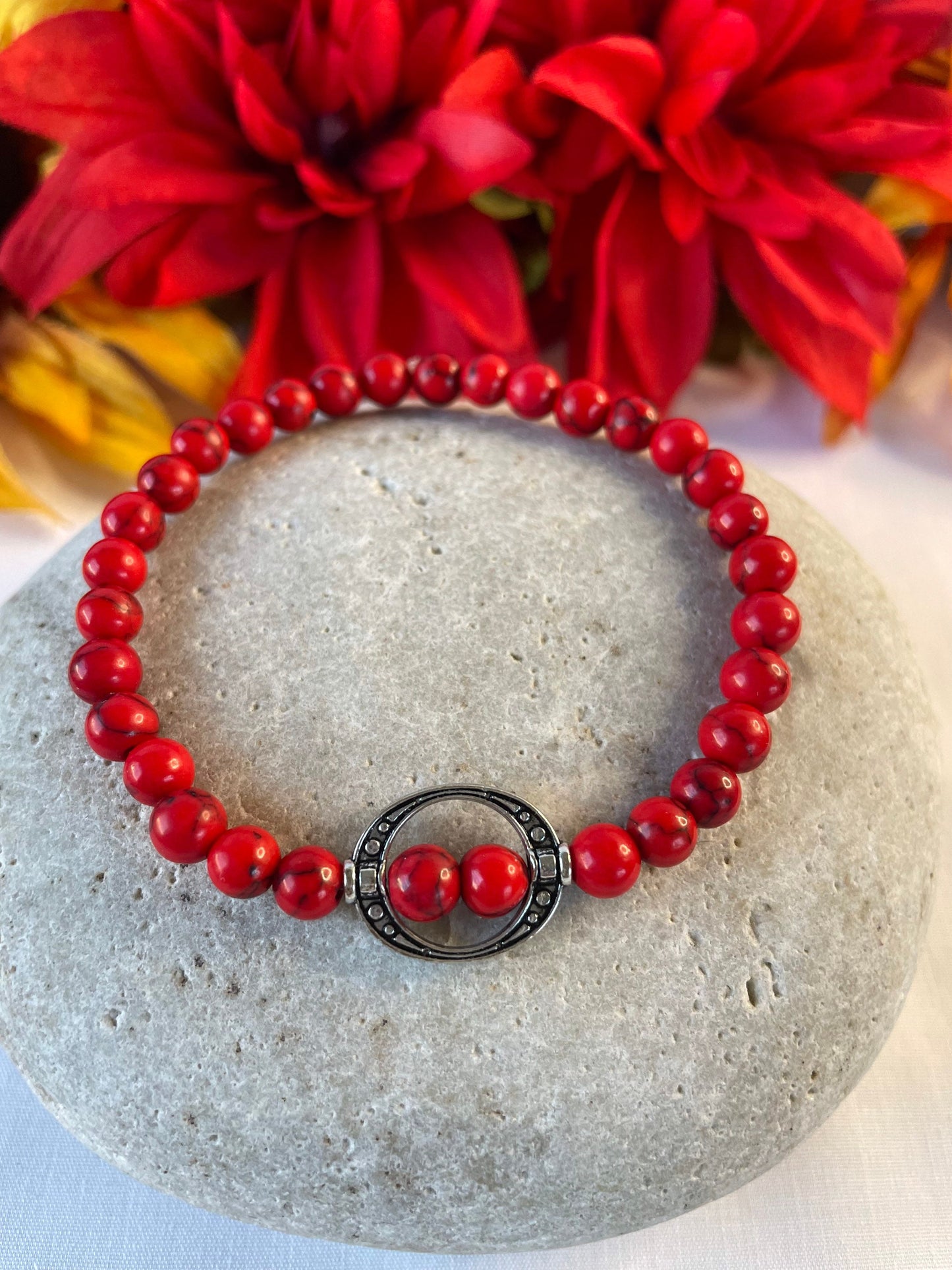 Red Bamboo Coral Stones w/Silver Spacer, Healing Bracelet.