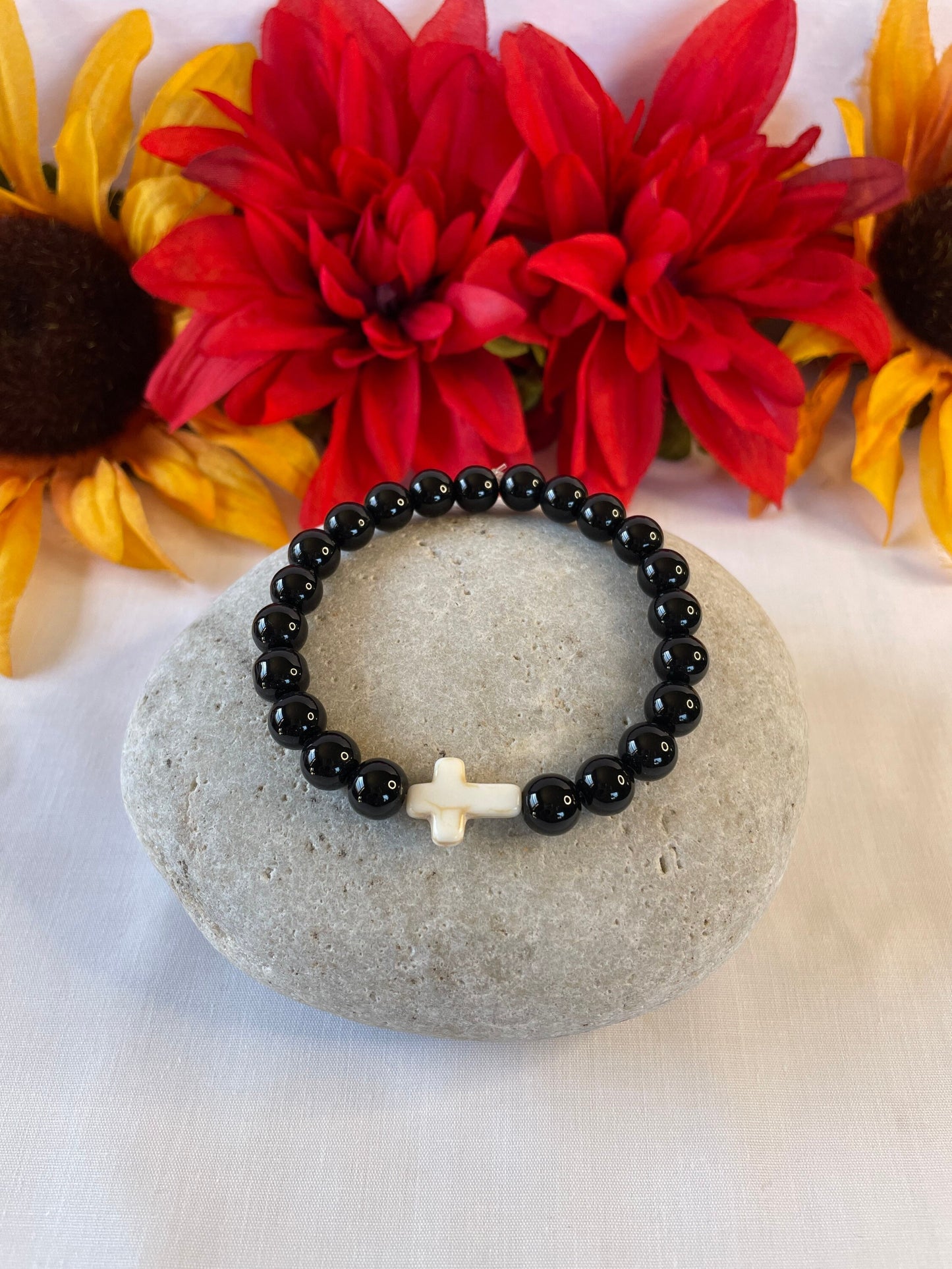 Jasper Black w/Reconstituted White Cross Stone, Healing Bracelet.