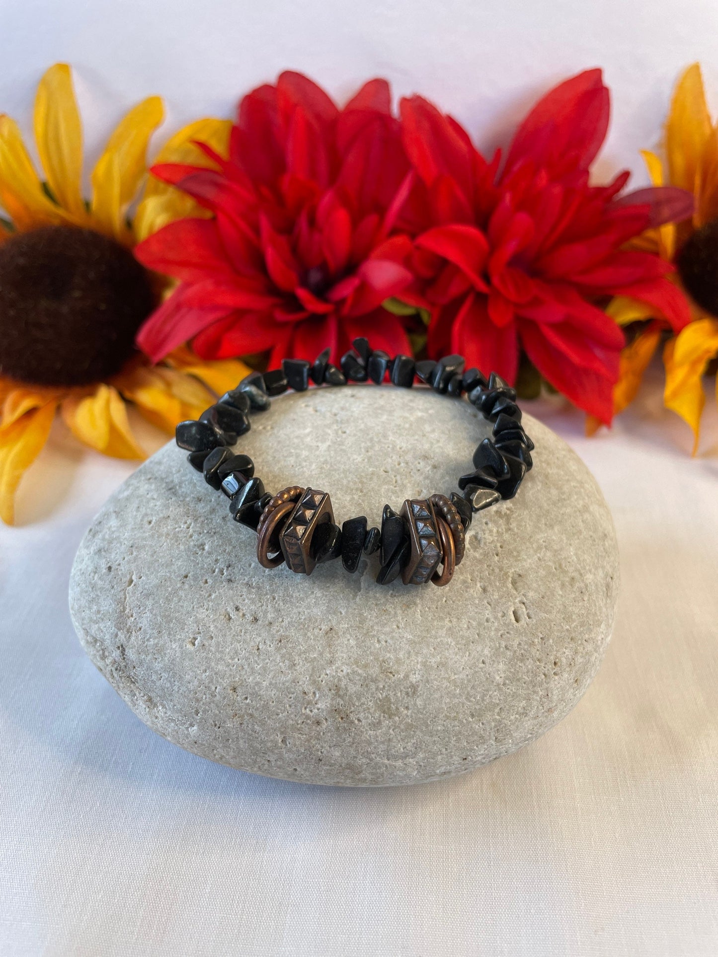 Black Obsidian Chip Stones w/Plated Copper Rings, Healing Bracelet.