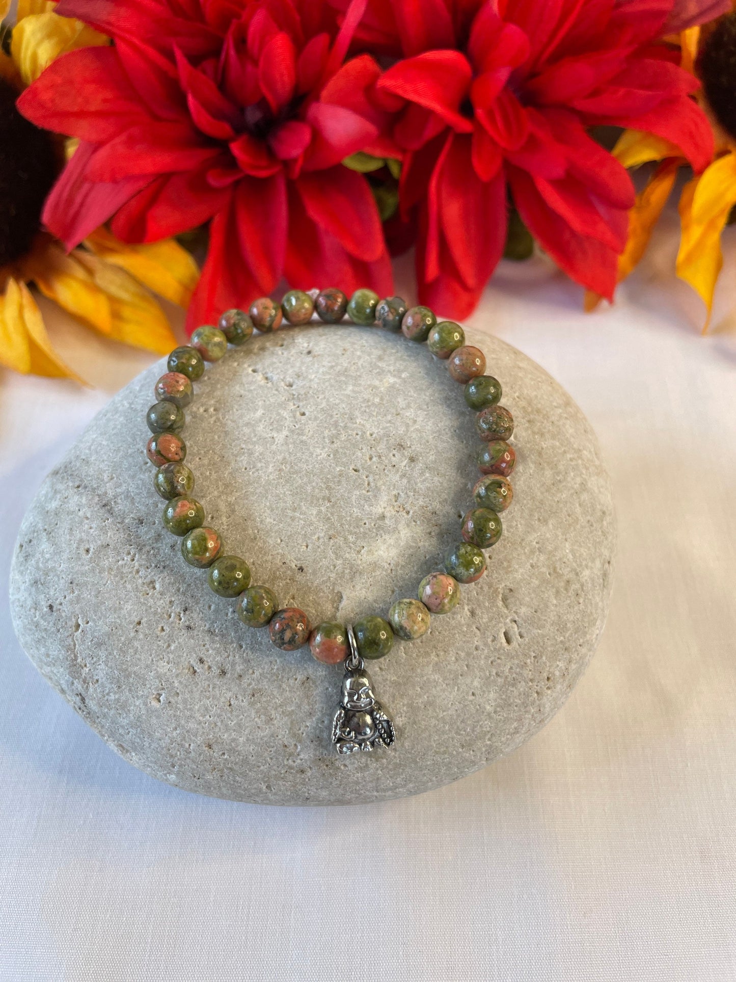 Green Unakite w/ Buddha, Healing Bracelet.