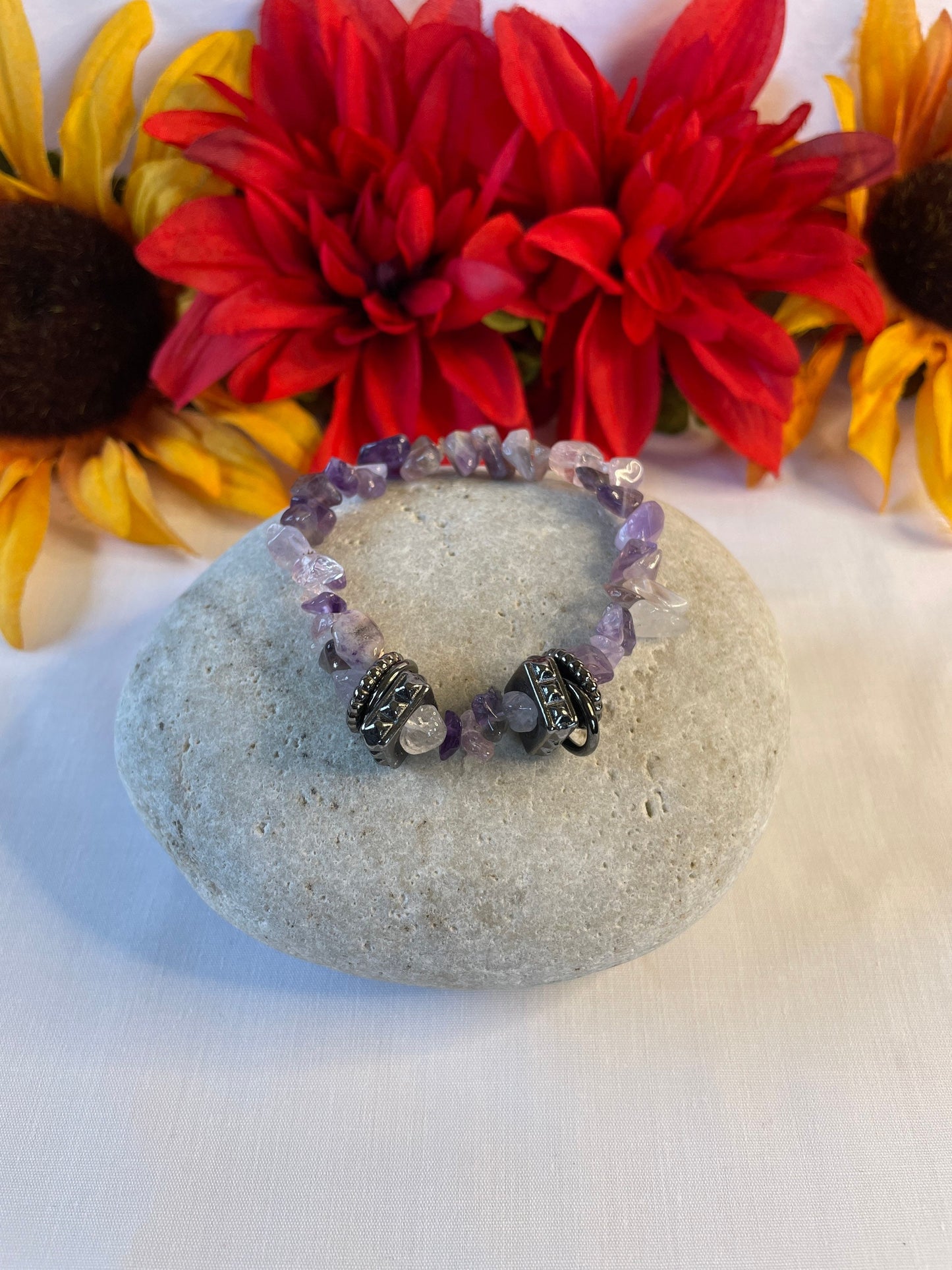 Amethyst Chipped Stones w/Silver Plated Rings, Healing Bracelet.