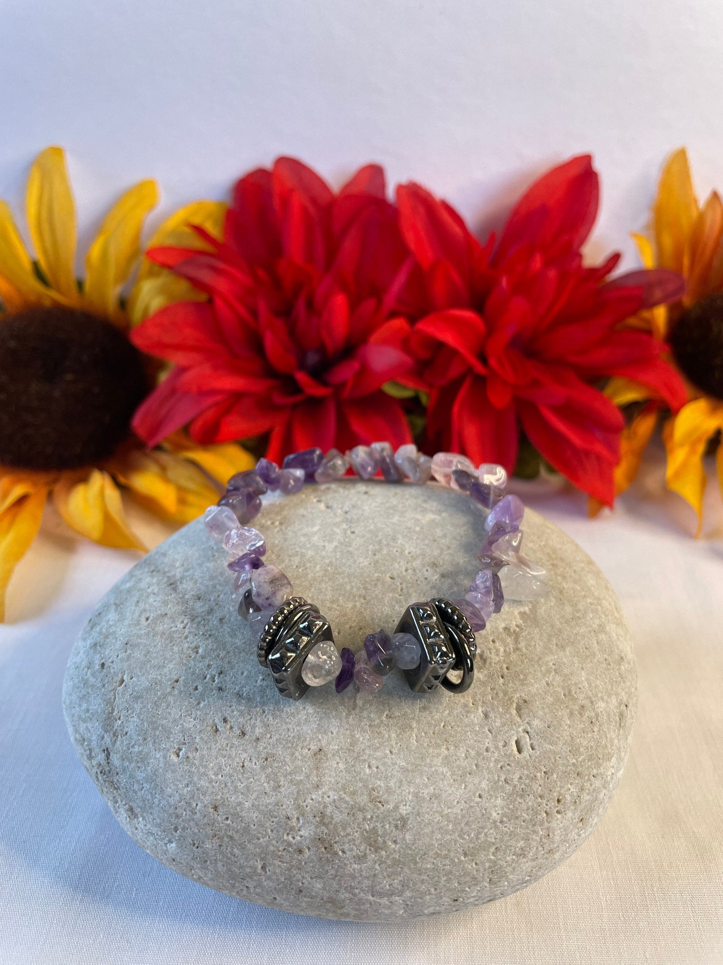 Amethyst Chipped Stones w/Silver Plated Rings, Healing Bracelet.