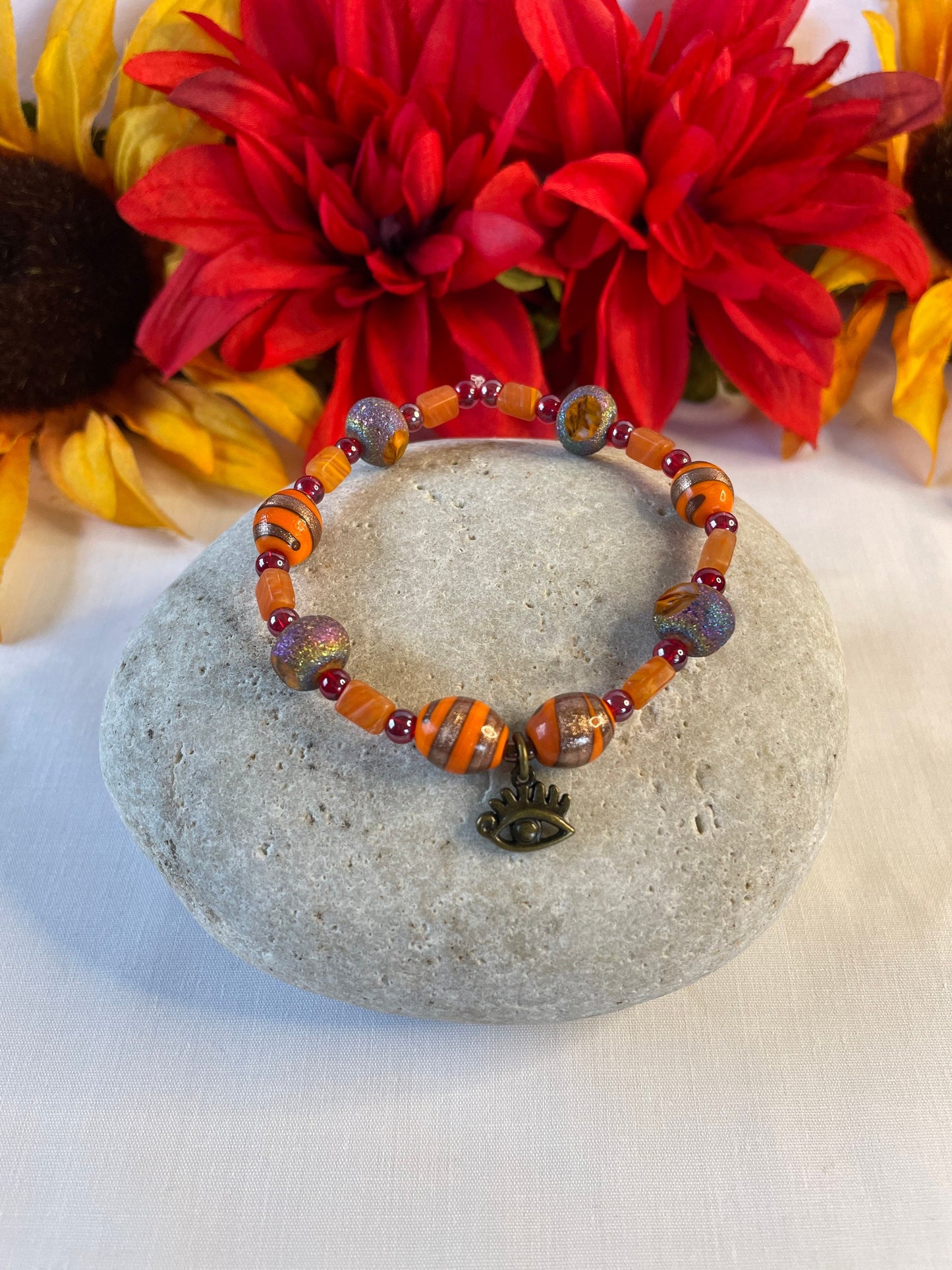 Vibrant Orange Stones w/Evil Eye, Healing Bracelet.