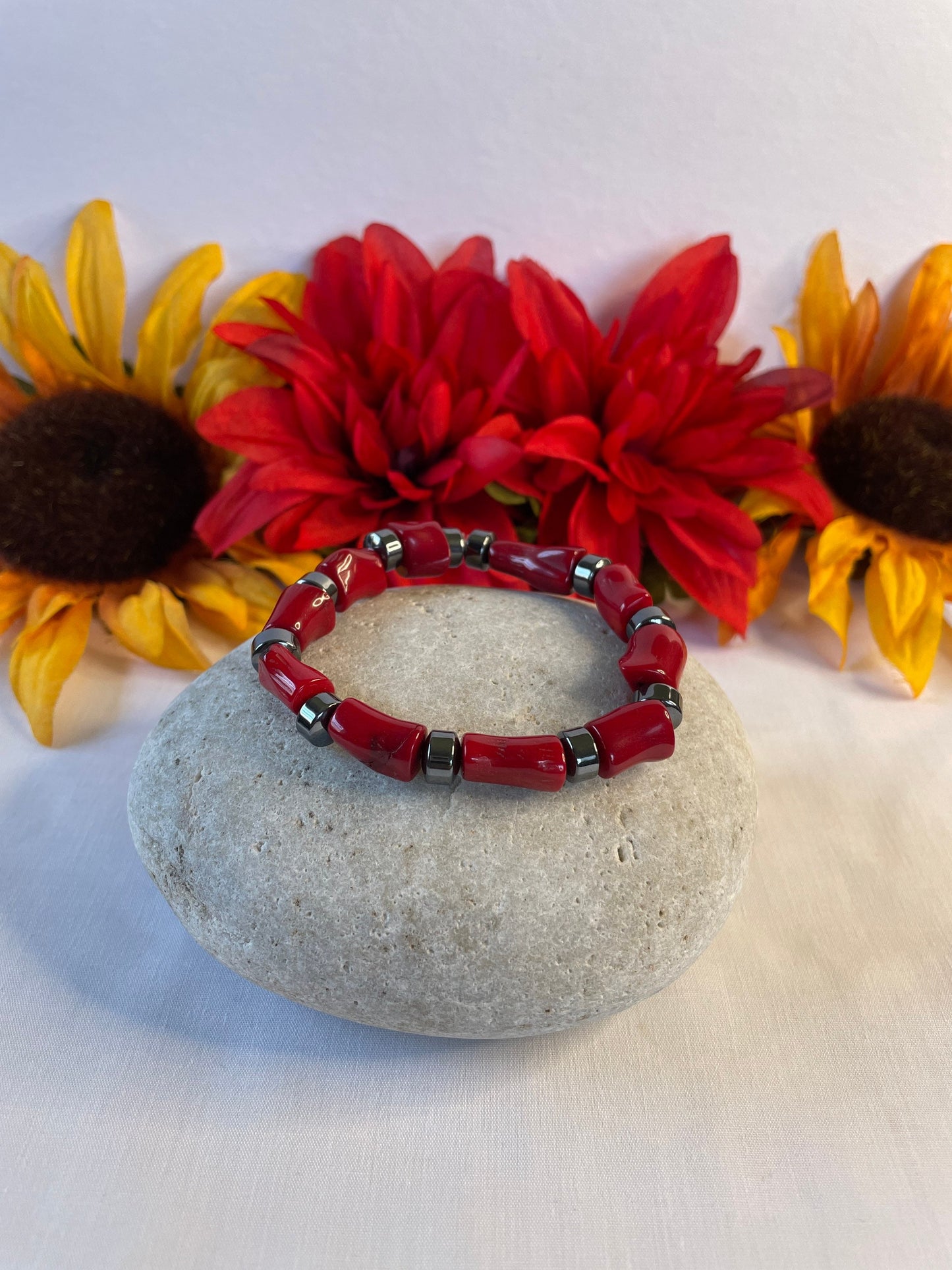 Red Bamboo Coral w/Hematite, Healing Bracelet.