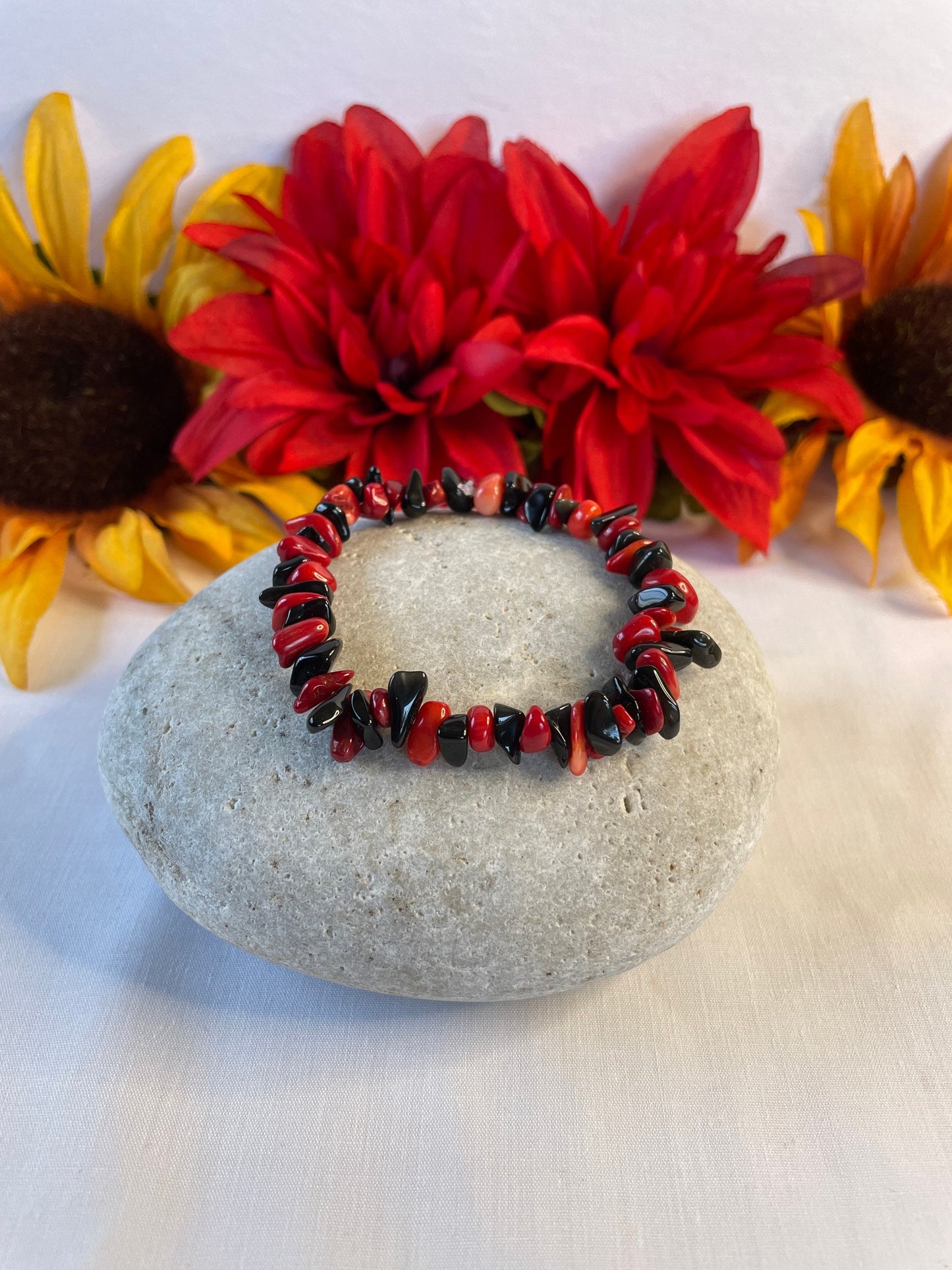 Red Bamboo Coral w/Obsidian, Healing Bracelet.