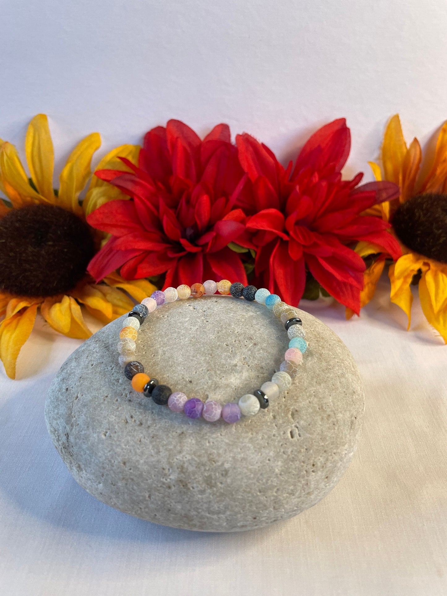 Agate Crackle Multi Colors w/Hematite Stones, Healing Bracelet.