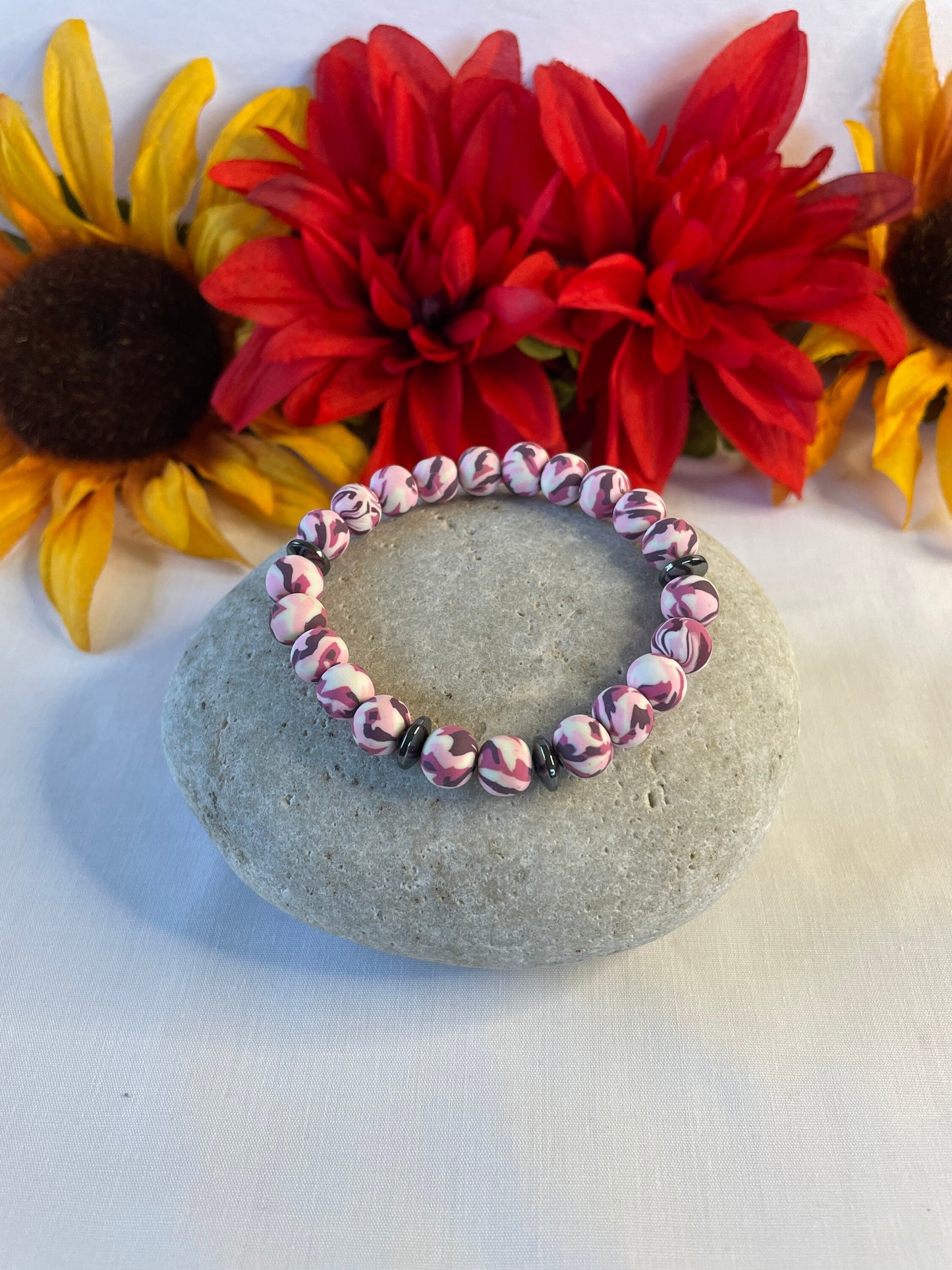 Clay, Pink Camouflage w/Hematite Stones Healing Bracelet.