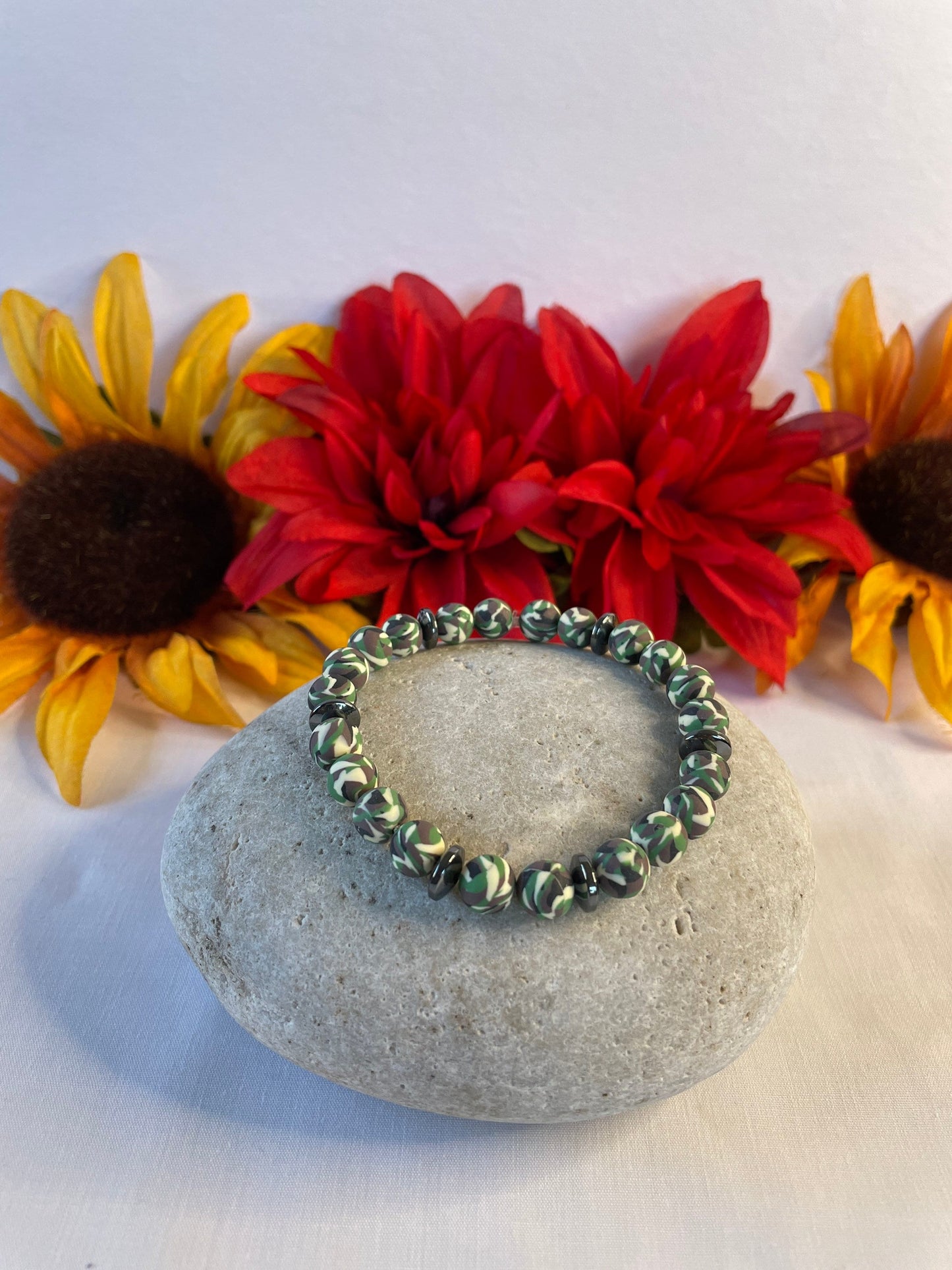 Clay, Green Camouflage w/Hematite Stones, Healing Bracelet.