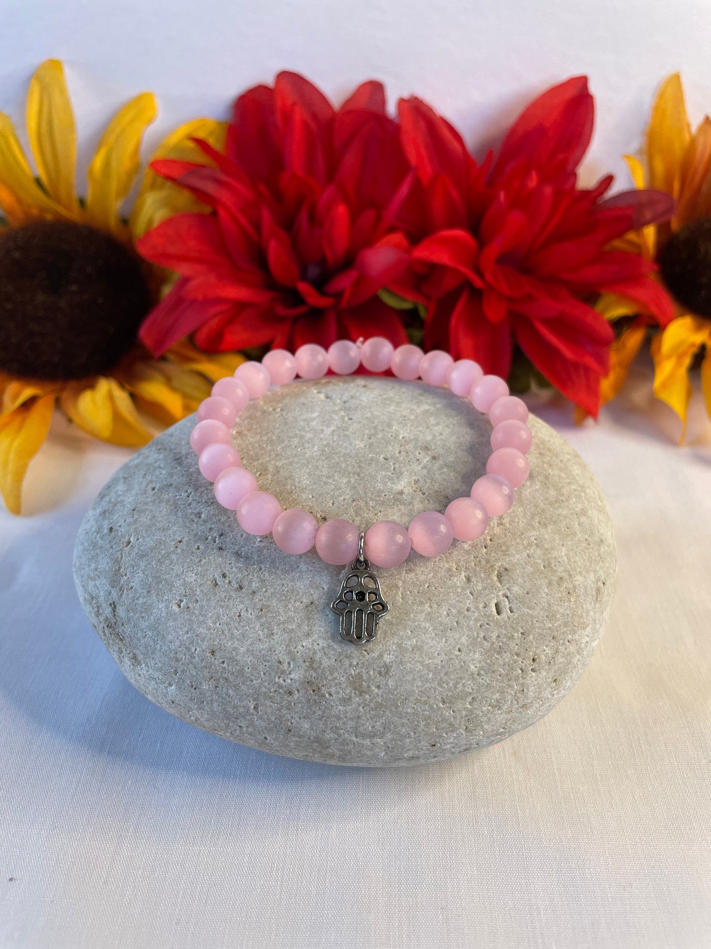 Pink Cats Eye, w/Hamsa Hand Healing Bracelet.